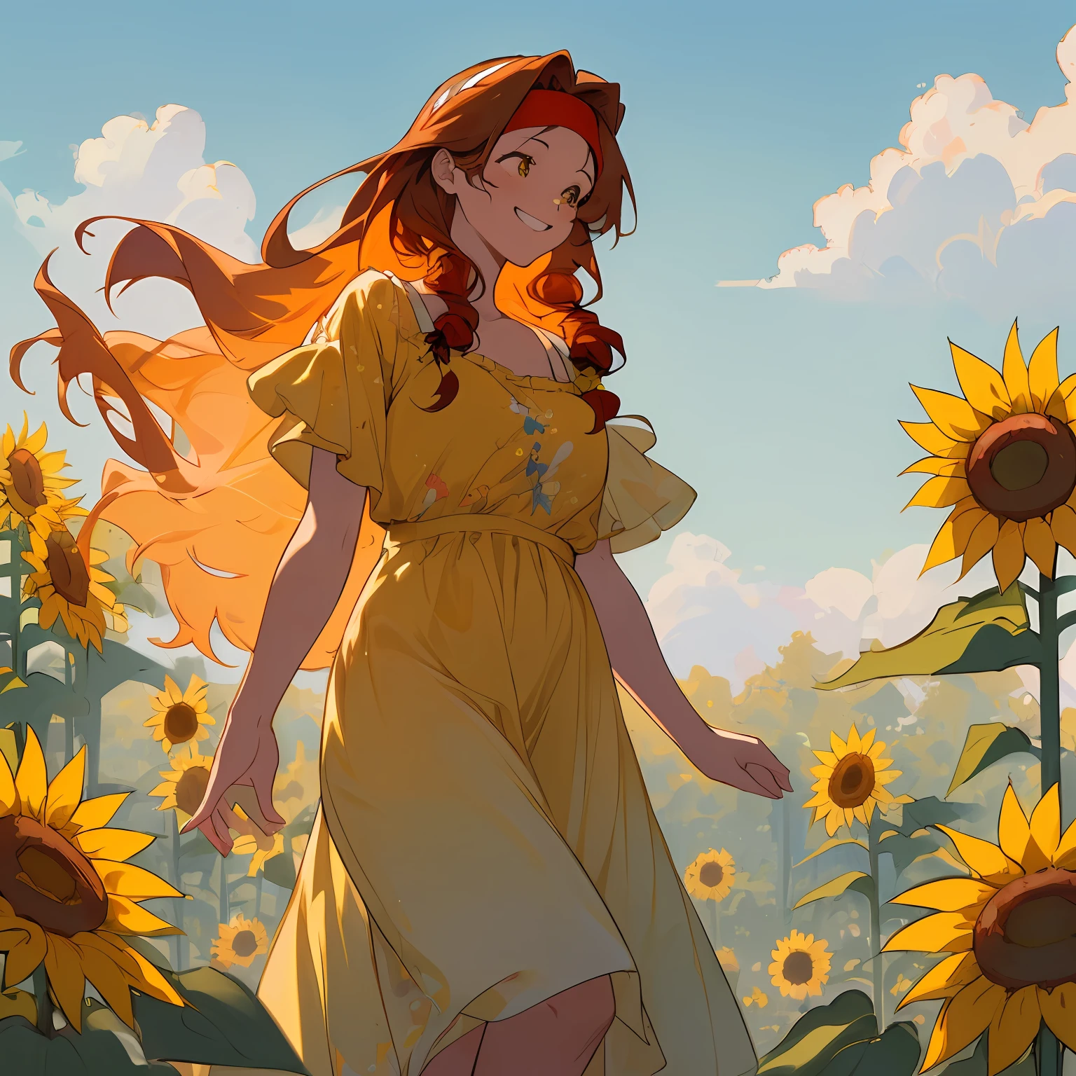 ((best quality)), ((masterpiece)), ((realistic cartoon)), ((perfect character)), ((extremely detailed 8k CG wallpaper)),
Emerald-eyed girl, radiating joy, with flowing chestnut locks, adorned with a vibrant red headband, dressed in a resplendent yellow sundress, basking in the warm glow of a summer afternoon, surrounded by blooming sunflowers and lush greenery. Her smile captivates with genuine happiness, while the clear blue sky and gentle breeze add to the scenic masterpiece, an 8k ultra HD landscape capturing this amazing scenery.