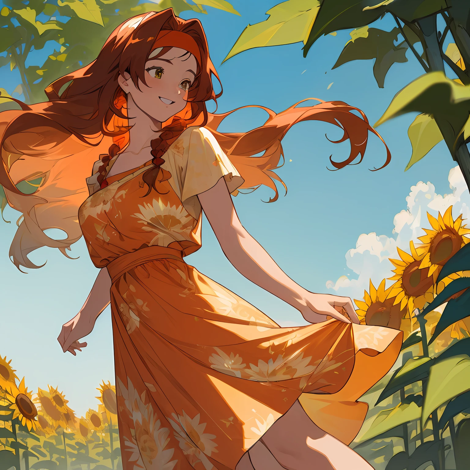 ((best quality)), ((masterpiece)), ((realistic cartoon)), ((perfect character)), ((extremely detailed 8k CG wallpaper)),
Emerald-eyed girl, radiating joy, with flowing chestnut locks, adorned with a vibrant red headband, dressed in a resplendent yellow sundress, basking in the warm glow of a summer afternoon, surrounded by blooming sunflowers and lush greenery. Her smile captivates with genuine happiness, while the clear blue sky and gentle breeze add to the scenic masterpiece, an 8k ultra HD landscape capturing this amazing scenery.