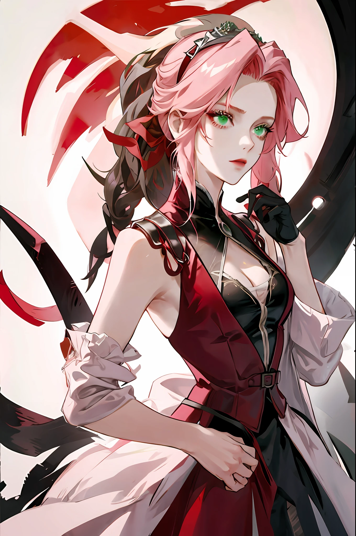 Woman with pink hair, green eyes, red Victorian dress, white skin, elegant, royalty, young, single, mature, beautiful woman and a handsome man, a prince with black hair and red eyes, black suit, elegant and young