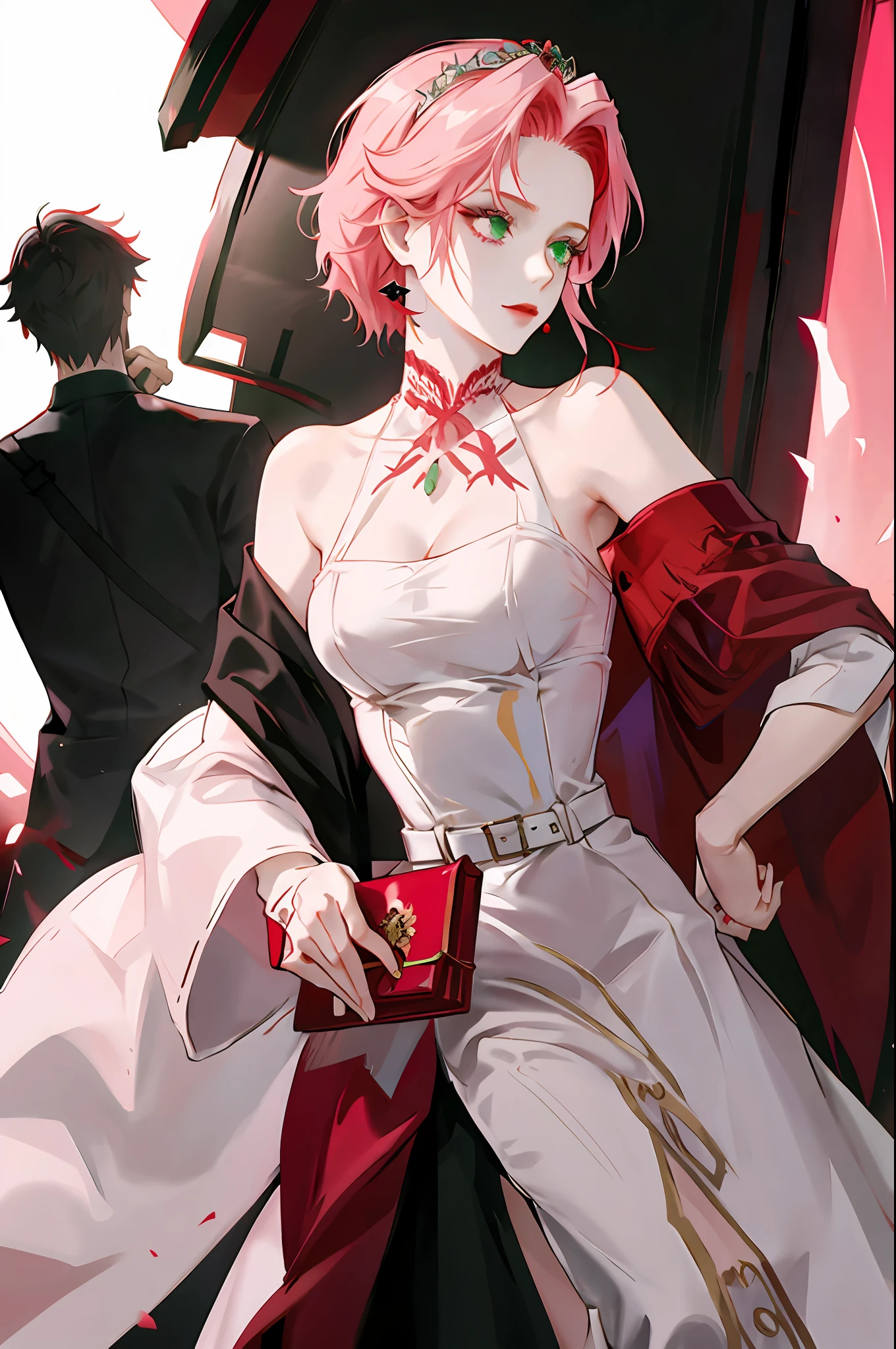 Woman with pink hair, green eyes, red Victorian dress, white skin, elegant, royalty, young, single, mature, beautiful woman and a handsome man, a prince with black hair and red eyes, black suit, elegant and young