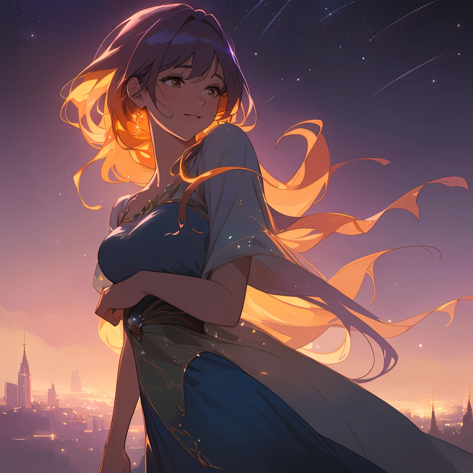 ((best quality)), ((masterpiece)), ((realistic cartoon)), ((perfect character)), ((extremely detailed 8k CG wallpaper)),
Cinematic lighting enhances the ethereal beauty of the emerald-eyed girl, casting a soft glow on her radiant smile. She exudes elegance, wearing a flowing midnight blue gown adorned with sparkling stars. The scene unfolds at twilight, with a warm orange and purple sky as a backdrop. Delicate fireflies dance around her, creating a magical ambiance. This highly detailed, realistic cartoon illustration creates a perfect character, transporting you into an enchanting world. It's an 8k ultra HD landscape, a breathtaking masterpiece capturing this amazing scenery.