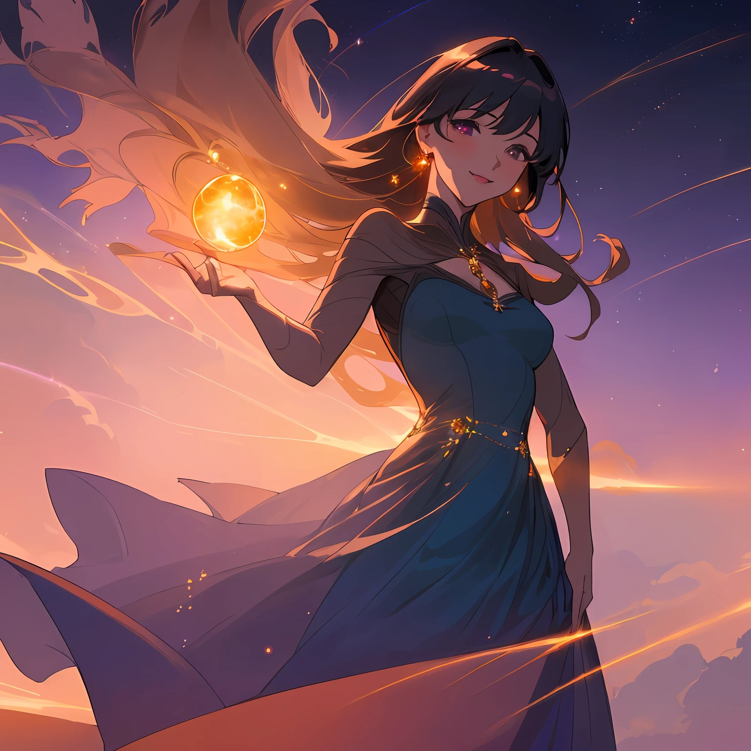 ((best quality)), ((masterpiece)), ((realistic cartoon)), ((perfect character)), ((extremely detailed 8k CG wallpaper)),
Cinematic lighting enhances the ethereal beauty of the emerald-eyed girl, casting a soft glow on her radiant smile. She exudes elegance, wearing a flowing midnight blue gown adorned with sparkling stars. The scene unfolds at twilight, with a warm orange and purple sky as a backdrop. Delicate fireflies dance around her, creating a magical ambiance. This highly detailed, realistic cartoon illustration creates a perfect character, transporting you into an enchanting world. It's an 8k ultra HD landscape, a breathtaking masterpiece capturing this amazing scenery.