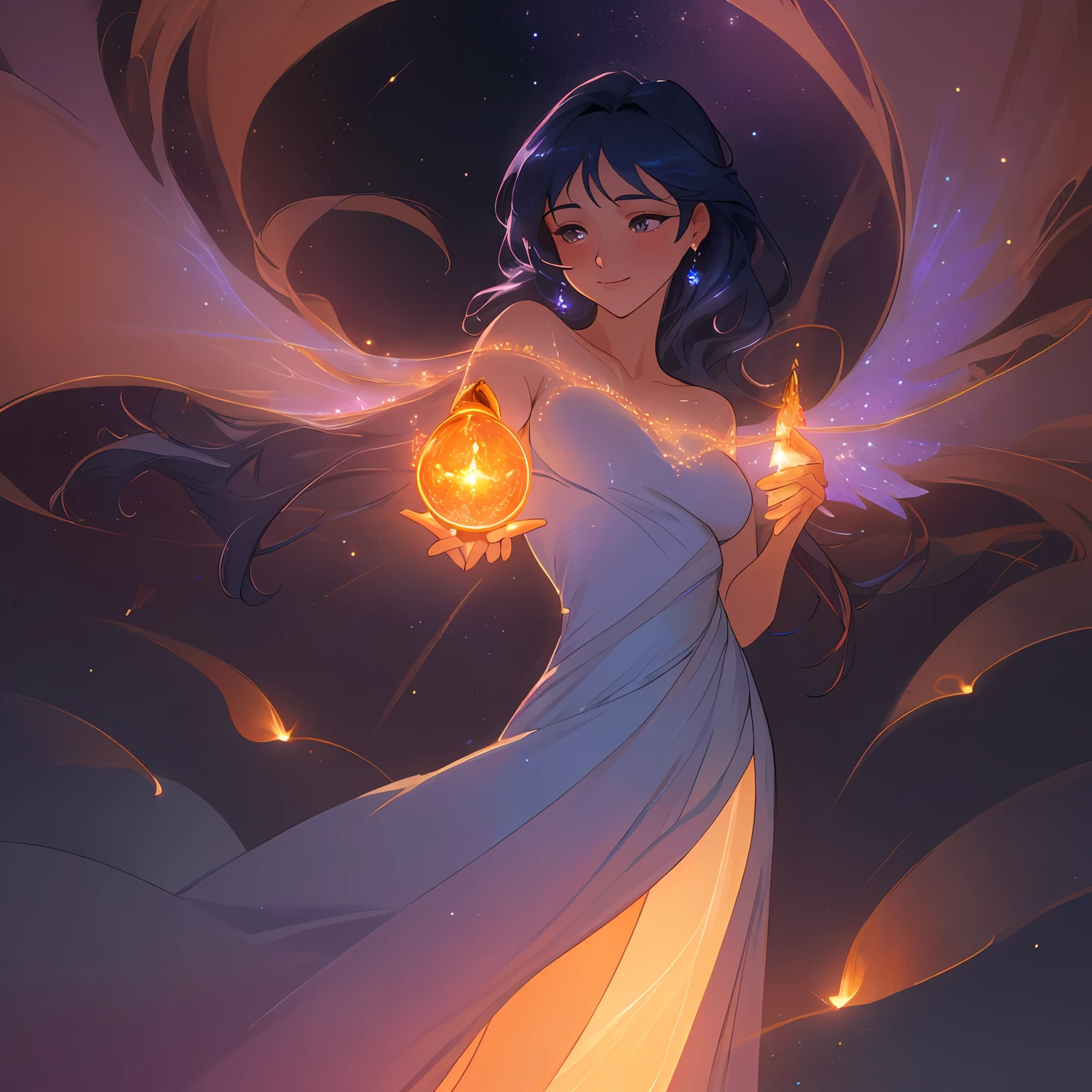 ((best quality)), ((masterpiece)), ((realistic cartoon)), ((perfect character)), ((extremely detailed 8k CG wallpaper)),
Cinematic lighting enhances the ethereal beauty of the emerald-eyed girl, casting a soft glow on her radiant smile. She exudes elegance, wearing a flowing midnight blue gown adorned with sparkling stars. The scene unfolds at twilight, with a warm orange and purple sky as a backdrop. Delicate fireflies dance around her, creating a magical ambiance. This highly detailed, realistic cartoon illustration creates a perfect character, transporting you into an enchanting world. It's an 8k ultra HD landscape, a breathtaking masterpiece capturing this amazing scenery.