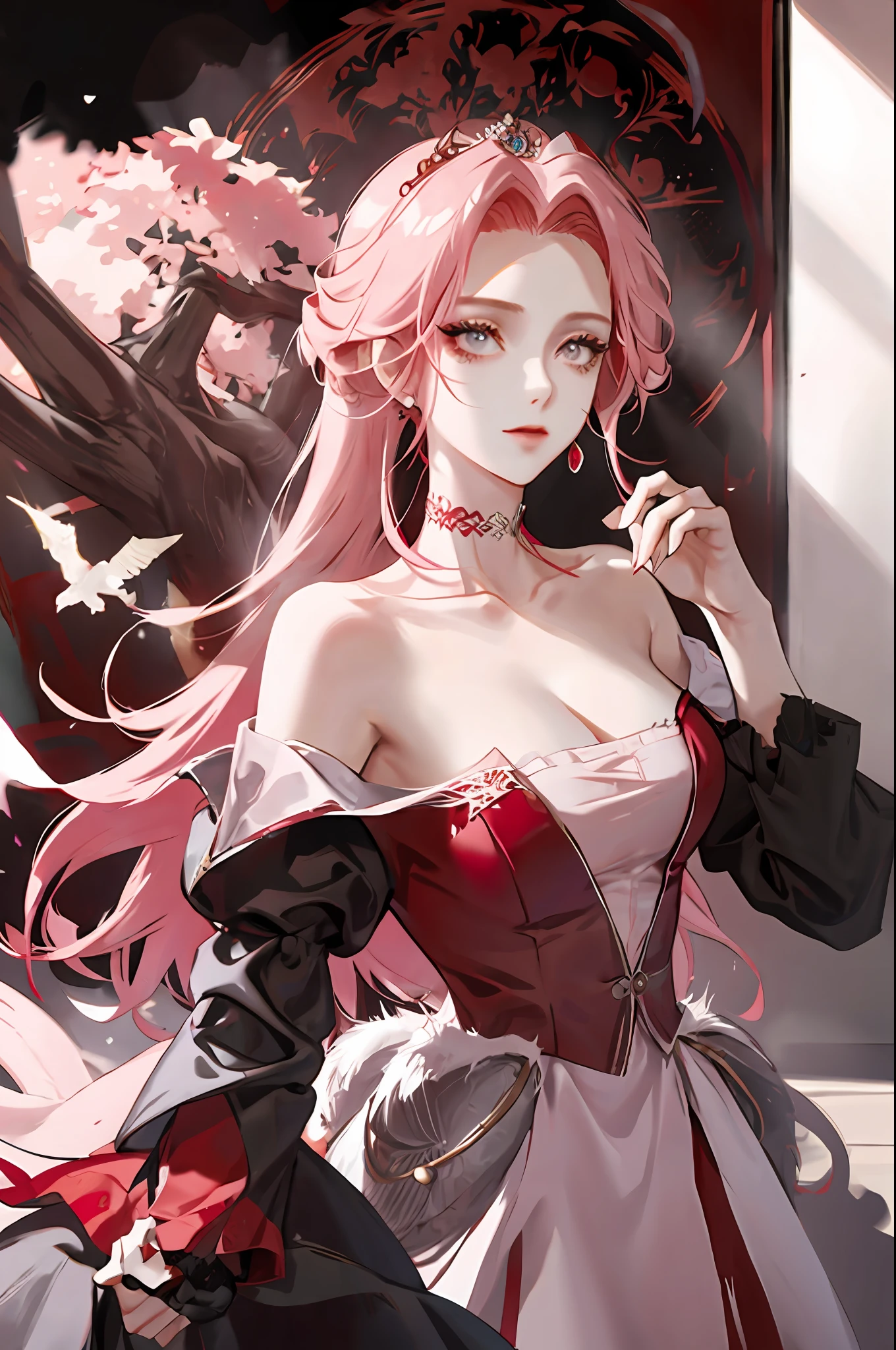 Woman with pink hair, red Victorian dress, white skin, elegant, royalty, young, single, mature, beautiful woman and a handsome man, a prince with black hair, black suit, elegant and young