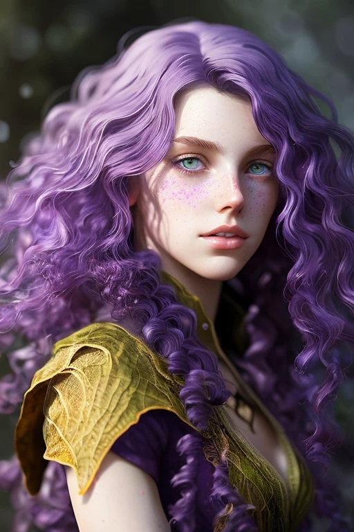 A girl with curly hair,freckles, strong, perfect waist, black skin, dark purple hair, green eyes, drawing style,