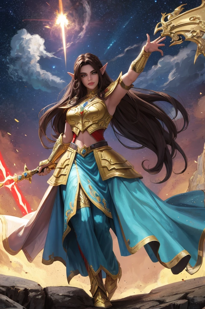 full body portrait of A beautiful warcraft elf woman, hero pose, dark brown hair, wearing gold blue white armor, floating red blue white lightsabers,  charging through battlefield