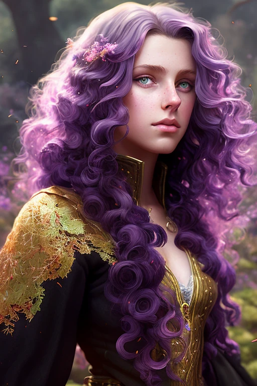 A girl with curly hair,freckles, strong, perfect waist, black skin, dark purple hair, green eyes, drawing style,