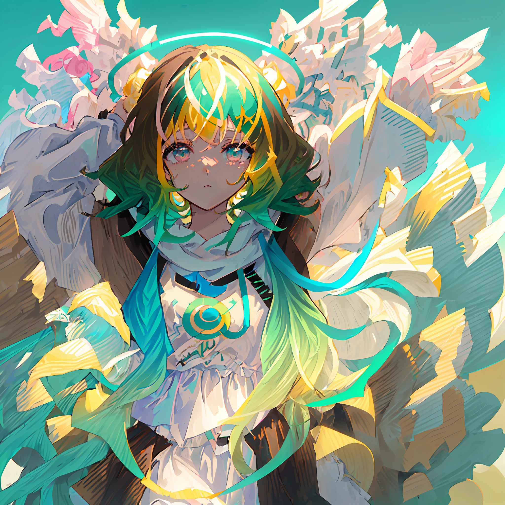 1girl, solo, solo focus, cowboy shot, portrait, oversized hoodie, aqua green and white hoodie, half aqua, half green, ((brown hair)), (yellow hair), (gradient hair :1.5), curly hair, ((pink eyes)), hyperdetailed eyes, tan, (caramel dark skin:1.1), best quality, ultra-detailed, white background, simple background, pastel composition