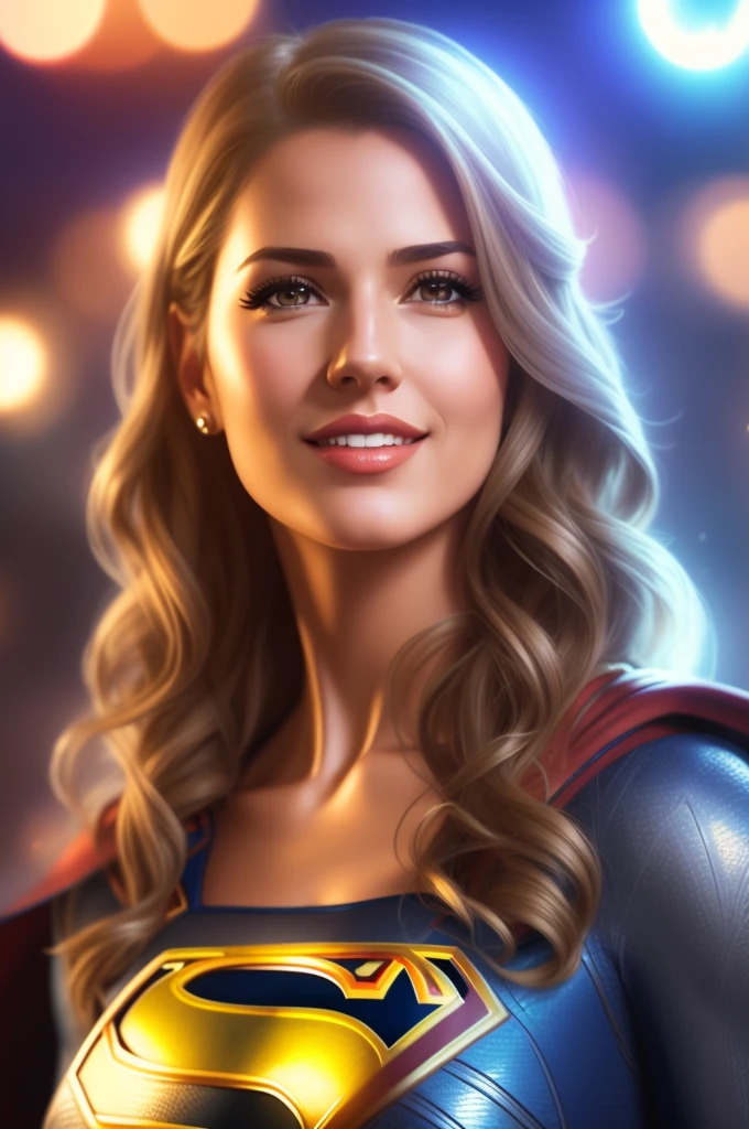 a close up of a woman in a superman costume posing for a picture, superhero portrait, supergirl, 8k artgerm bokeh, wojtek fus, super hero art, super photo realistic, artgerm portrait, stunning digital illustration, realistic digital art 4k, realistic digital art 4 k, closeup character portrait, artgerm. high detail