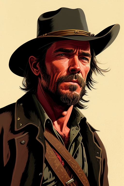 A closeup of a man wearing a hat and a black shirt, Jesse McCree, [ Western film ], Red Dead Redemption art style, James Gurney painting style, style of a Clint Eastwood movie, a portrait of Josh Brolin, James Gurney style, Django, western film, a portrait of the character, #1 red-haired digital painting of all time