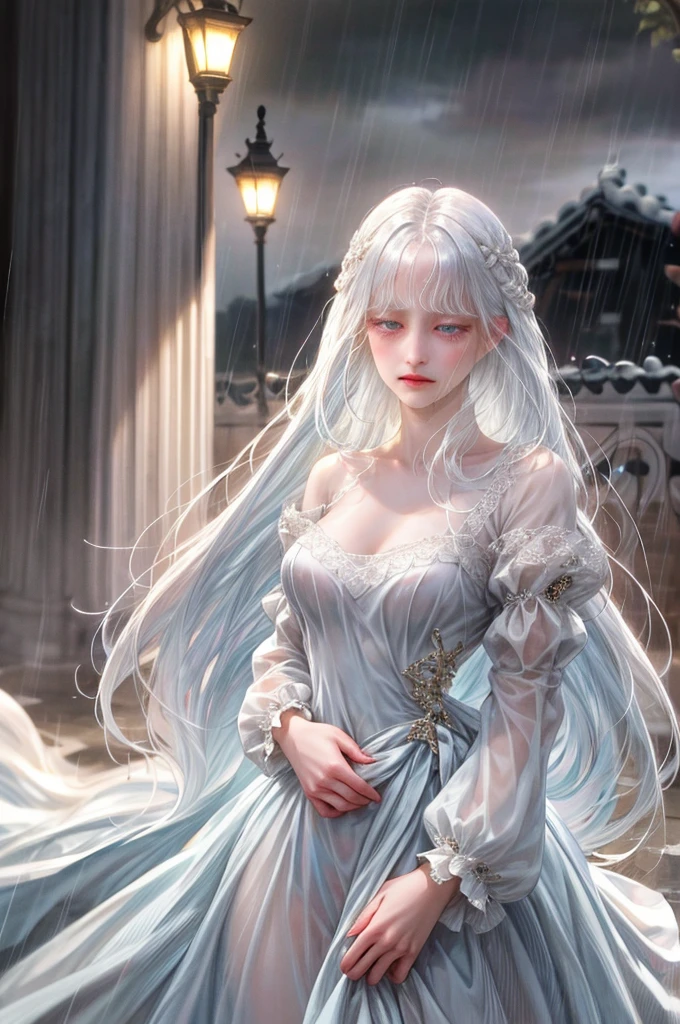 (absurd, highres, ultra detailed), 1girl, solo, mature, (very long hair, white hair, bangs: 1.4), baroque, long dress, long sleeves, elegant, colorful, highest detail, upper body,Girl crying inconsolably blue eyes straight black hair in the rain, 21st century, Korea city night scenery, a painful and sad expression on her face, long black hair,