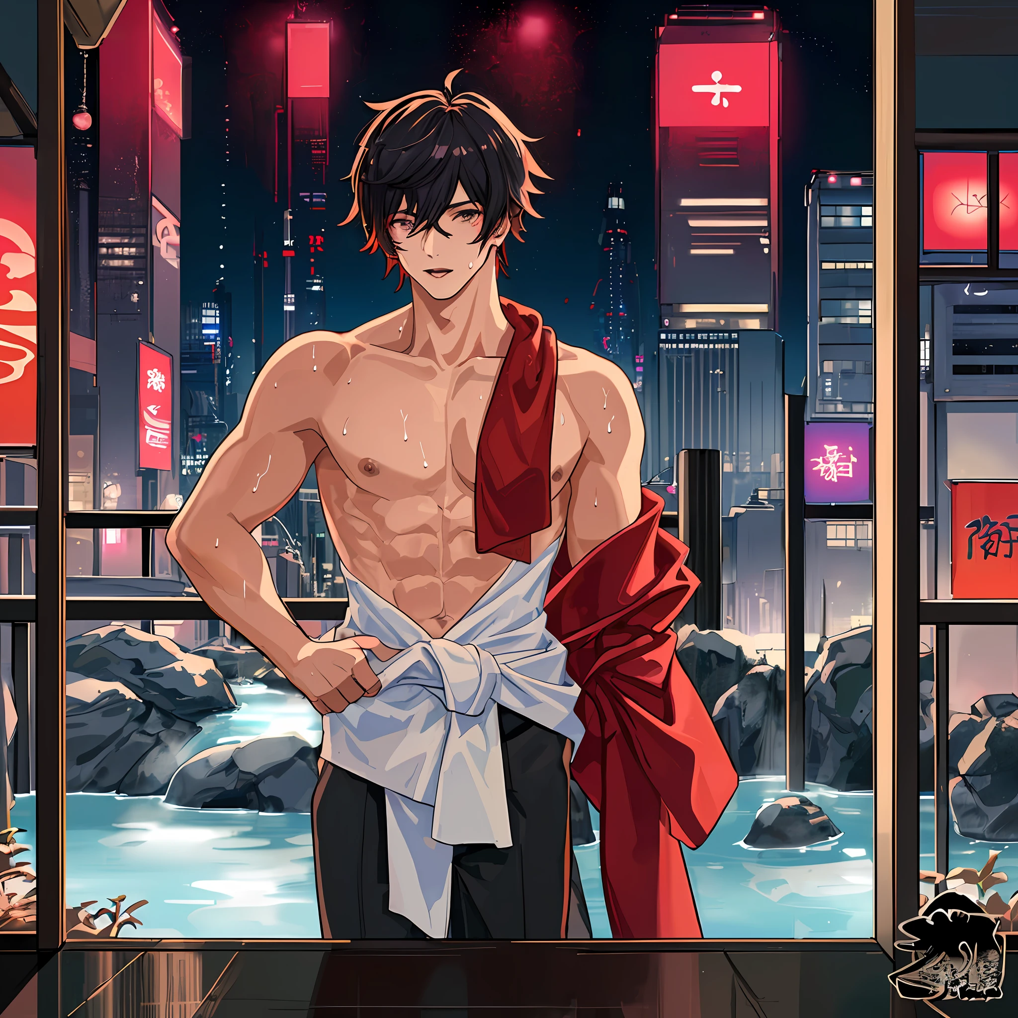 masterpiece, best quality, malefocus, (two boys: 1.3) at bathing at a luxurious cyberpunk onsen, (kissing: 2), techwear pants, sweaty, malefocus, solo, abs, skinny, messy hair, seductive, lean, toned boy, twink, sexy, shirtless, japanese, nude bathing, naked, towel around waist, cyberpunk background, futuristic, japanese cyberpunk,sci-fi, luxury, red with neon highlights colorscheme, wet towel, wet robes (realistic proprotions: 1.3), (good anatomy: 1.2), anime style, genshin impact style, night city, night time, dark, black background, many people in the background
