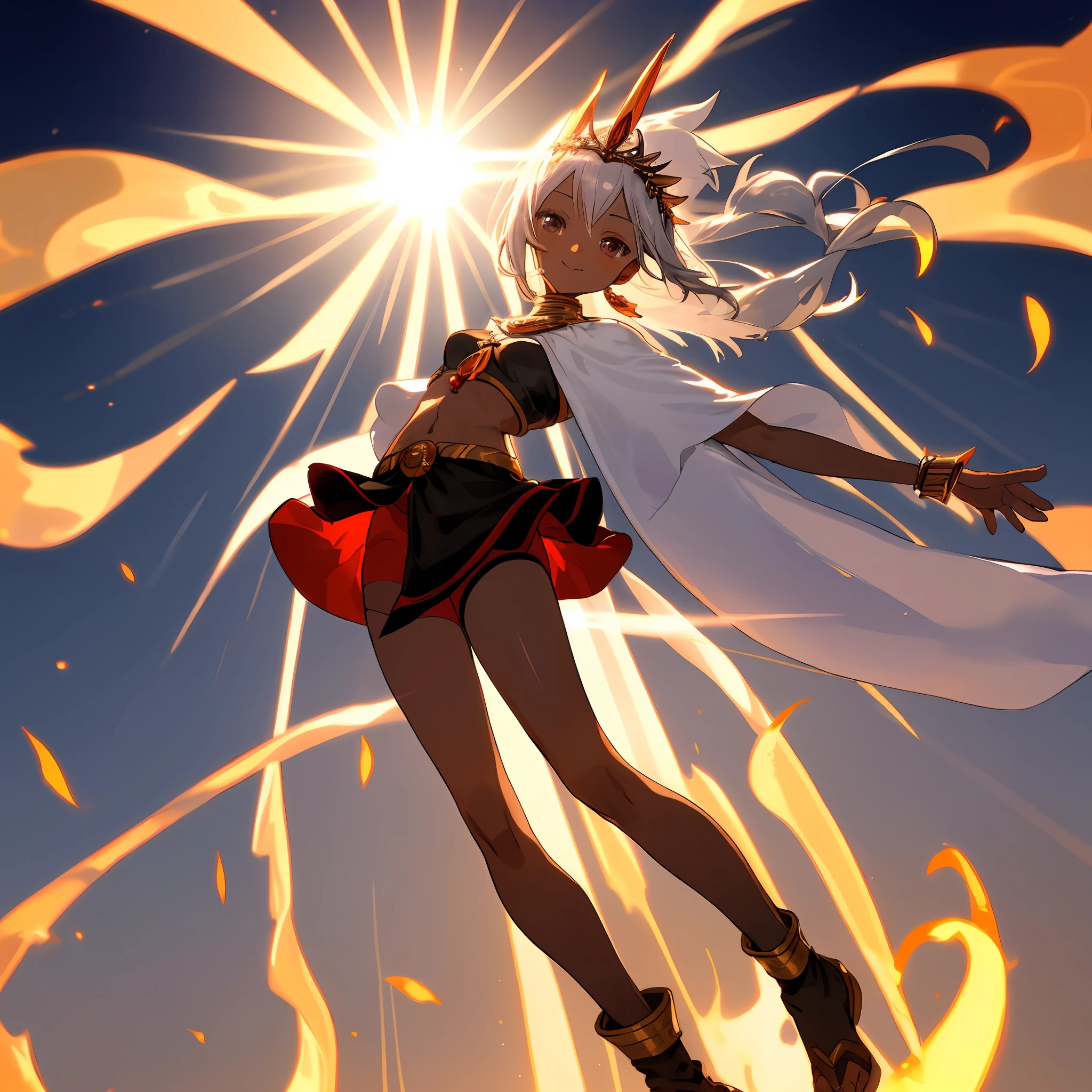 Dark skin, female, medium breasts, short, slender legs, Egyptian, sun god, fire, midriff, stomach, short skirt, embellished crop top, silver hair, red amulet, full body, small black wings, gray eyes, tiara, mature, small smile, head tilt, cute eyes, knee high socks, arms outstretched, small sheer cloak, sun shining from behind, five fingers, normal hands, high resolution, two arms, normal human hands