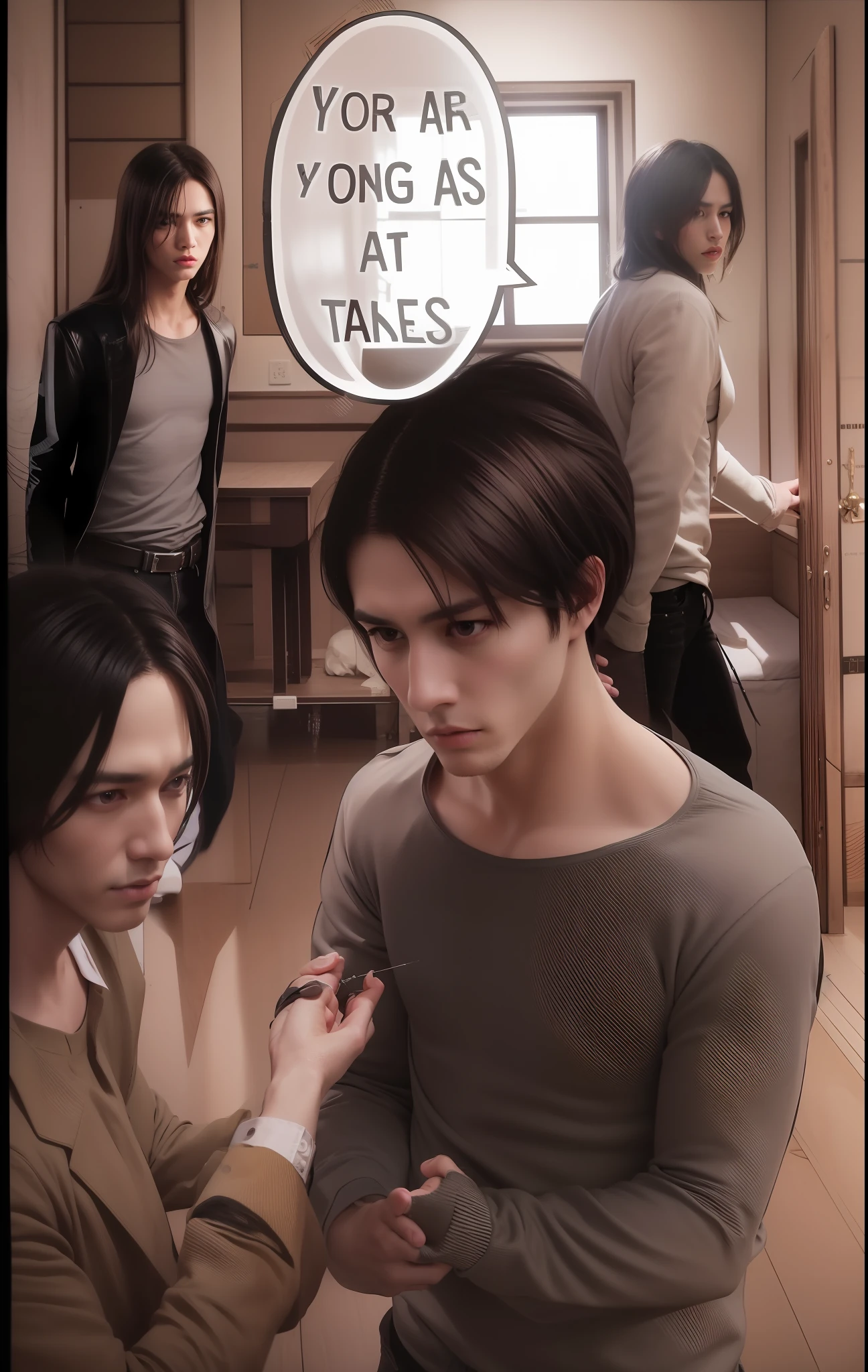 best quality, masterpiece, (realistic: 1.2), 2 men, Eren Jaeger, real life, live action, black jeans, black pants, brown hair, attack on Titan, white background, black jacket, slim body, high definition, high quality, long hair, family, cabin, babysitting