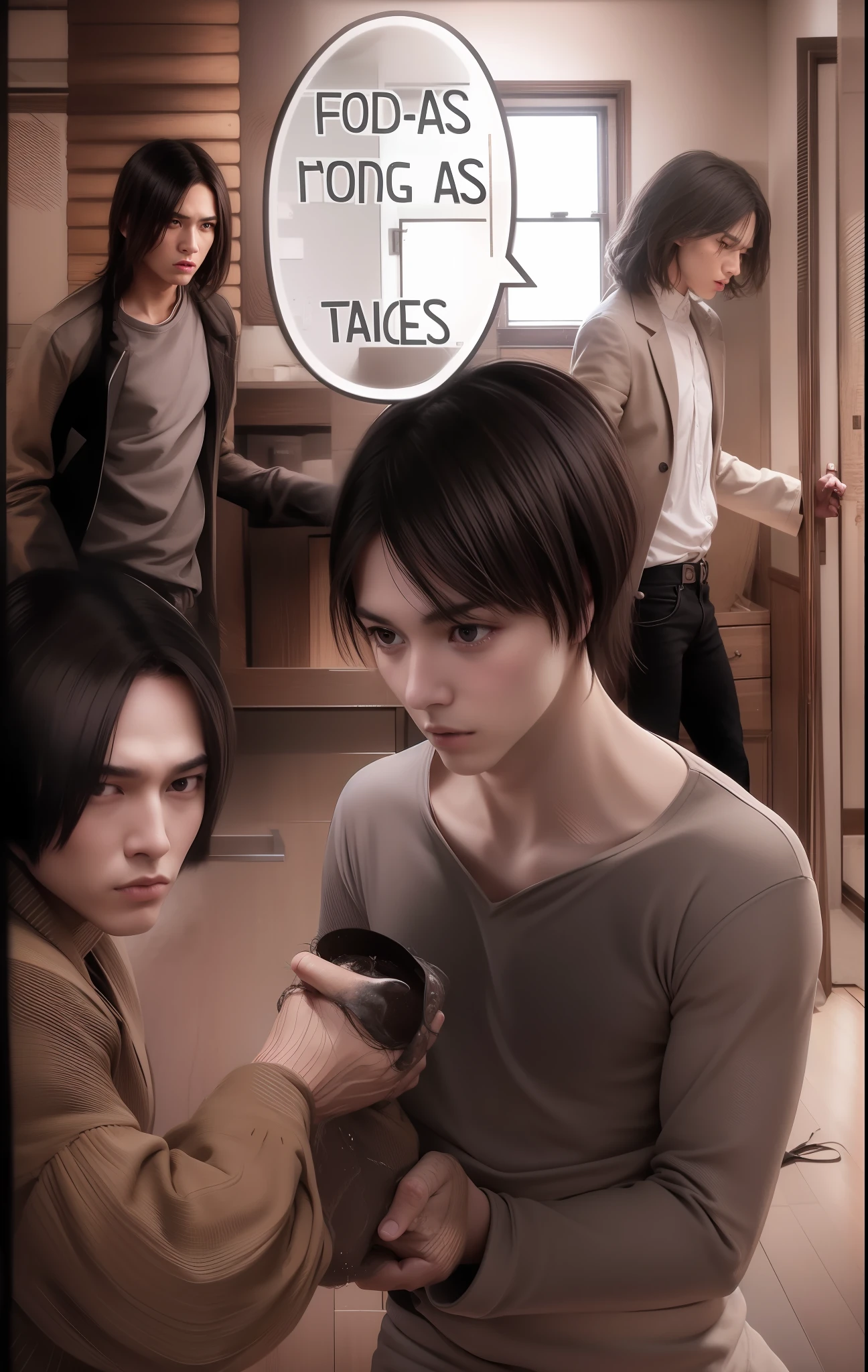 best quality, masterpiece, (realistic: 1.2), 2 men, Eren Jaeger, real life, live action, black jeans, black pants, brown hair, attack on Titan, white background, black jacket, slim body, high definition, high quality, long hair, family, cabin, babysitting