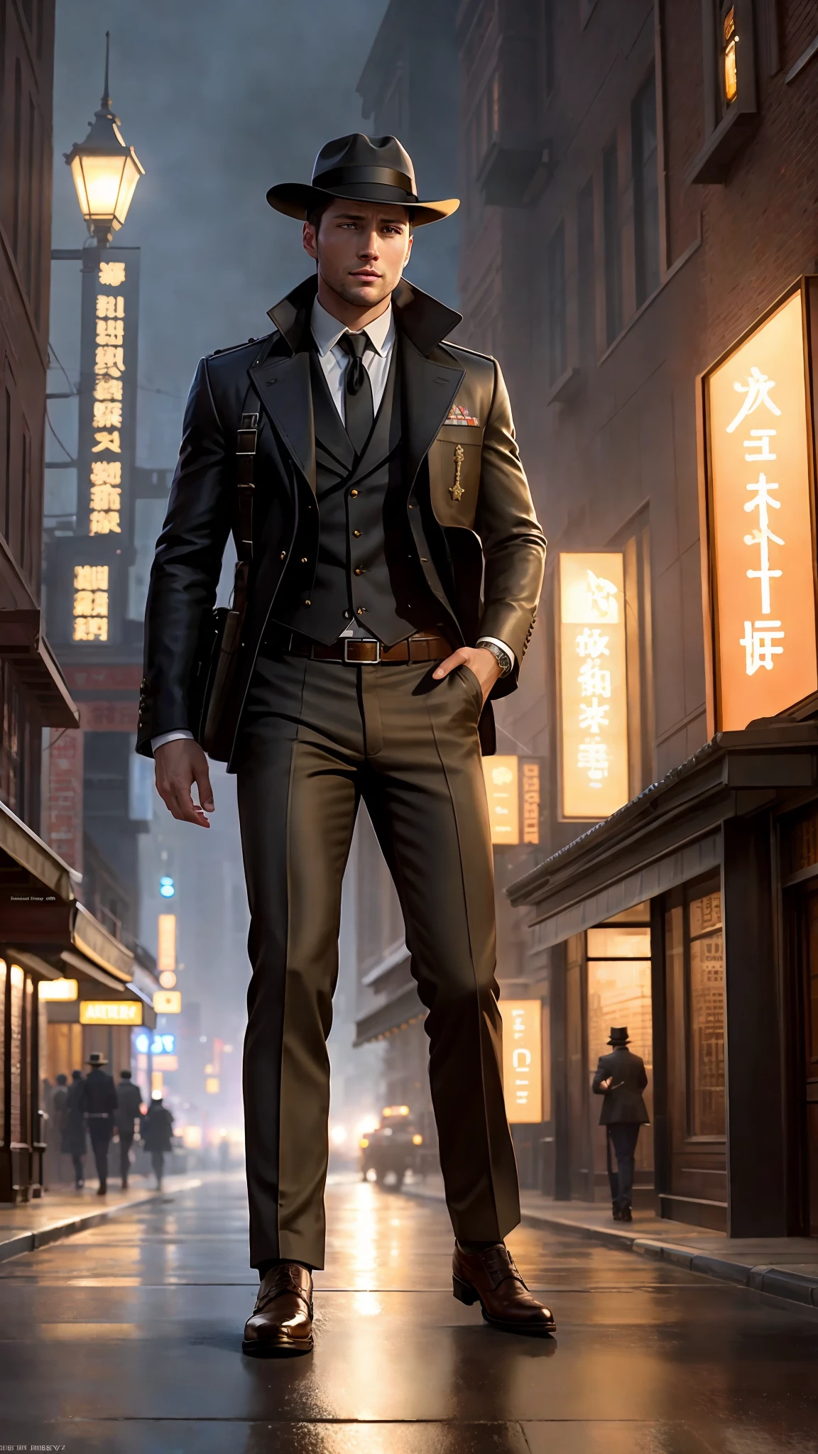 photo of (MCHasDex: 0.99), Jensen Ackles as detective, (walking down a street at night), (gun in holster), modelshoot style, (extremely detailed CG unit 8k wallpaper), photo of the most beautiful artwork in the world, professional majestic oil painting by Ed Blinkey, Atey Ghailan, Studio Ghibli, by Jeremy Mann, Greg Manchess, Antonio Moro, trend at ArtStation, trend at CGSociety, Intricate, High Detail, Sharp Focus, dramatic and photorealistic art by Midjourney and Greg Rutkowski, (wearing a felt hat: 1.1), (looking at the observer), (detailed students: 1.3), close-up