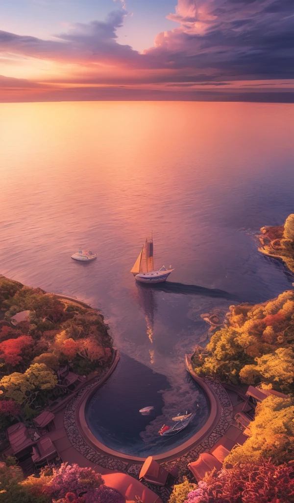 there is a boat that is floating in the water near the shore, beautiful art uhd 4 k, 4k highly detailed digital art, 4k detailed digital art, 4 k matte thomas kinkade, 8k stunning artwork, 4 k hd illustrative wallpaper, digital art widescreen 8 k, wallpaper 4 k, wallpaper 4k, 4k wallpaper, 4 k wallpaper