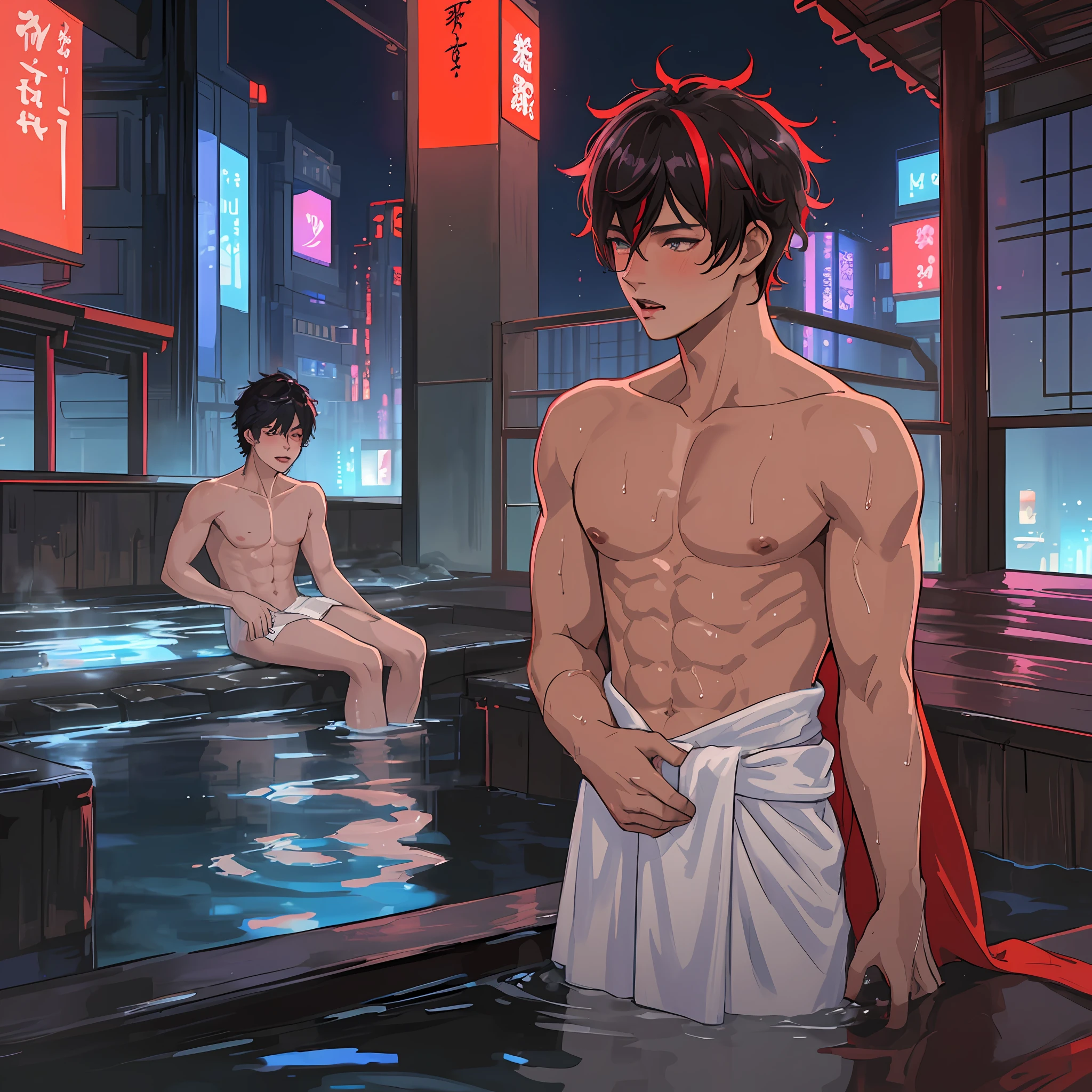 masterpiece, best quality, malefocus, (two boys: 1.3) kissing at a luxurious cyberpunk onsen, (kissing: 5), malefocus, solo, abs, skinny, messy hair, seductive, lean, toned boy, twink, sexy, shirtless, japanese, nude bathing, naked, towel around waist, cyberpunk background, futuristic, steamy, japanese cyberpunk,sci-fi, luxury, red with neon highlights colorscheme, wet towel, wet robes (realistic proprotions: 1.3), (good anatomy: 1.2), anime style, genshin impact style, night city, night time, dark, black background, many people in the background