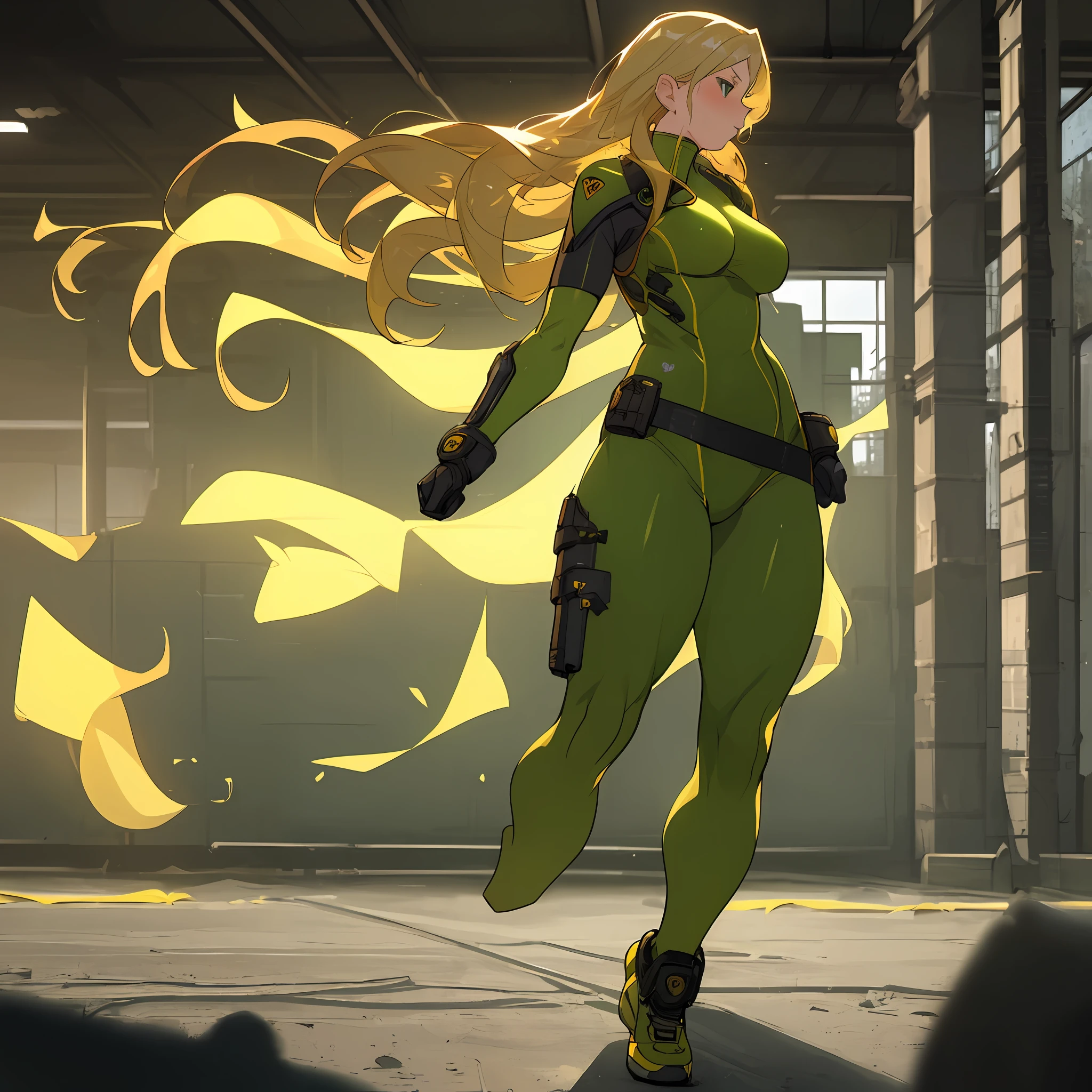 (masterpiece, best quality), 1 woman with long blonde hair training Krav maga in an abandoned warehouse, super heroine, very strong, all sexy very hot, full breasts, full body sensual and provocative, thick thighs, thin waist, with hand under the chin, warm lighting, dressed in very short sexy green and yellow uniform, blurred foreground