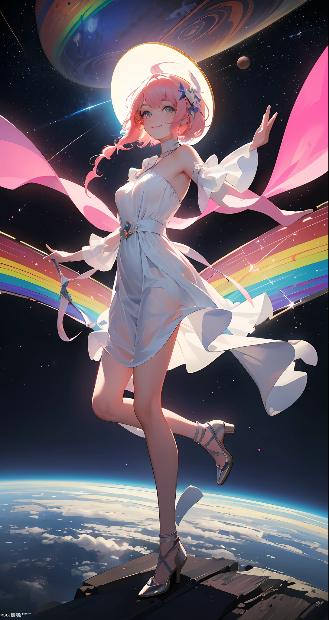 (Masterpiece), (Best quality), (Very detailed), 1920s movie poster, scifi, colorful, neon colors, masterpiece, best quality, movie still, 1girl, pink hair, long flowy dress, flying through space, space, planets, (close-up:1.1), bright, happy, fun, rainbows, {black painting}, {teasing smile},{teasing smile},high quality, clear picture,(high saturation),(shiny), best lighting, best shadows,