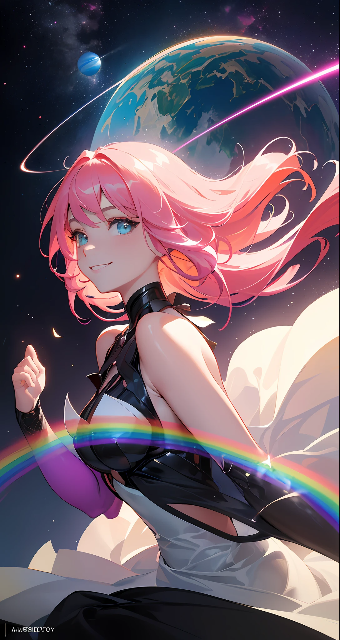 (Masterpiece), (Best quality), (Very detailed), 1920s movie poster, scifi, colorful, neon colors, masterpiece, best quality, movie still, 1girl, pink hair, long flowy dress, flying through space, space, planets, (close-up:1.1), bright, happy, fun, rainbows, {black painting}, {teasing smile},{teasing smile},high quality, clear picture,(high saturation),(shiny), best lighting, best shadows,