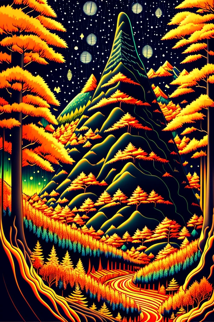 Intricate painting of a detailed japanese forest, by range murata, an aurora borealis in the background, clouds, vivid colors, high contrast, mountain scape, vector line art, orange highlights, trending in pixiv, anime concept art, awesome, matte, high quality, edge-to-edge, van gogh