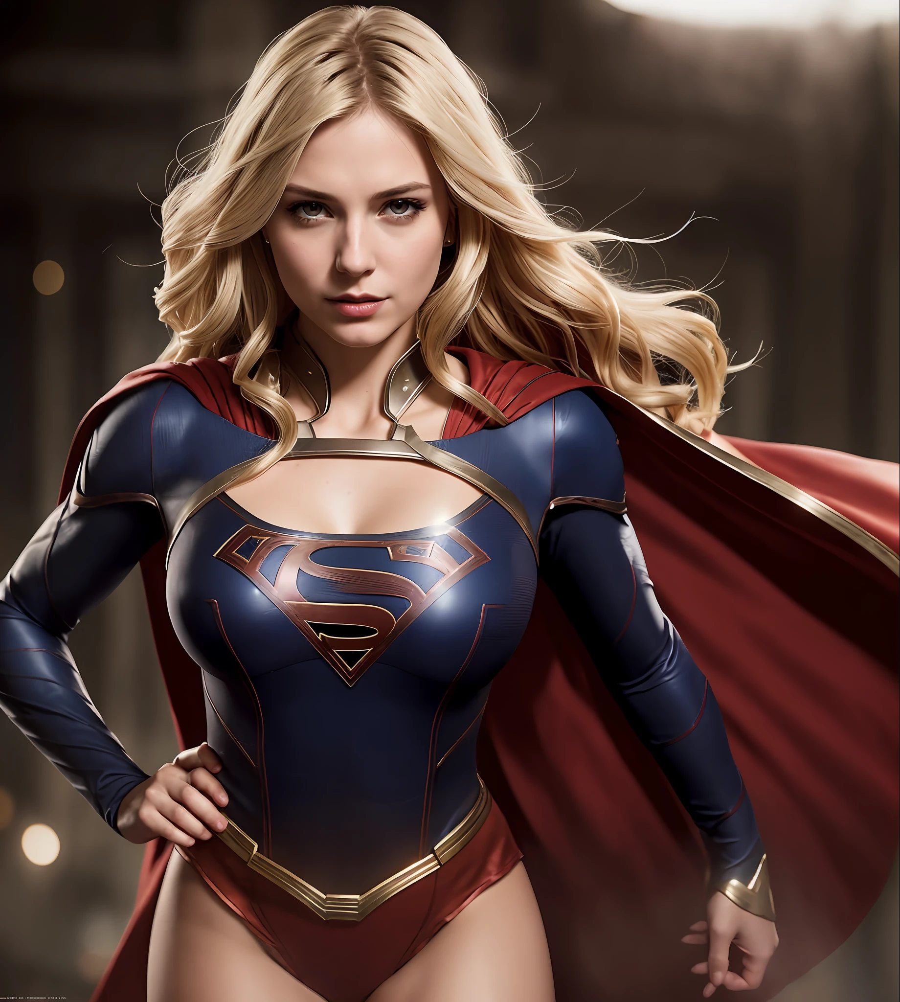 supergirl costume, a photo of blonde woman, ((detailed face)), ((canon m50)), ((award-winning)), (high detail), Sharp, 8k, Cinematic lighting, soft lighting, greg rutkowski, trend in artstation, intricate, gothic clothes, victoria secret, neckline, tight breasts, corselet