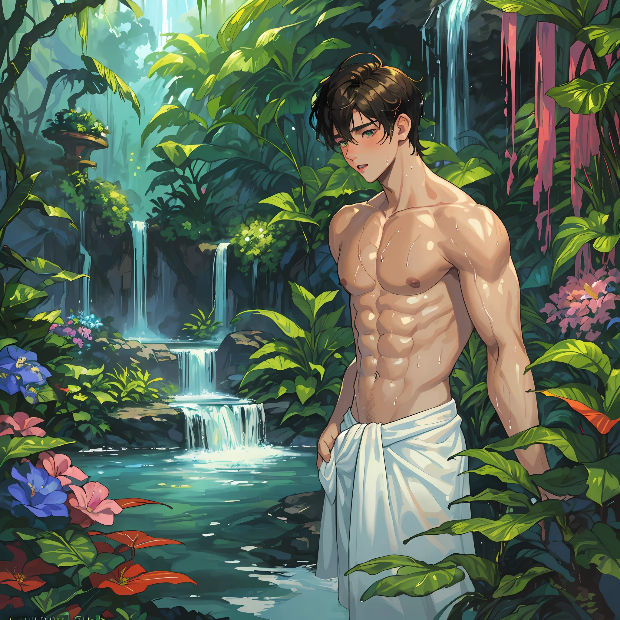 masterpiece, best quality, 5boys, , (two boys: 1.3) kissing at a jungle waterfall, (kissing: 5), male focus, solo, abs, messy colorful hair, seductive, lean, toned boy, twink, sexy, shirtless, jungle background, naked bathing in fountain, wet robe, towel around waist, colorful flowers, lush plants