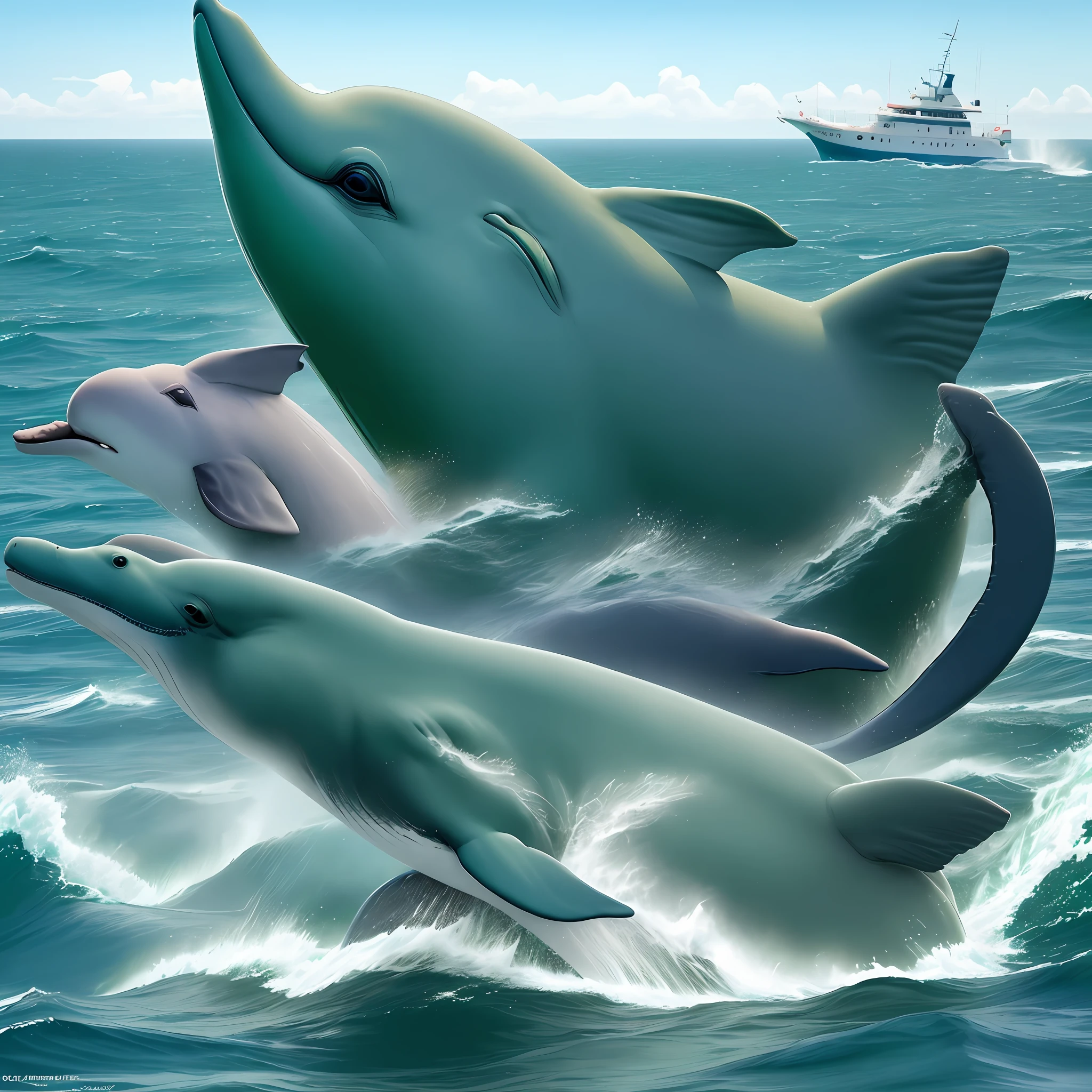 /image prompt: Green whale chasing a pod of dolphins:: --V 4