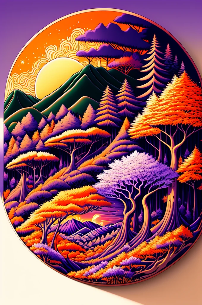 Intricate painting of a detailed japanese forest, by range murata, a big purple sun in the background, clouds, vivid colors, high contrast, mountain scape, vector line art, orange highlights, trending in pixiv, anime concept art, awesome, matte, high quality, edge-to-edge, van gogh