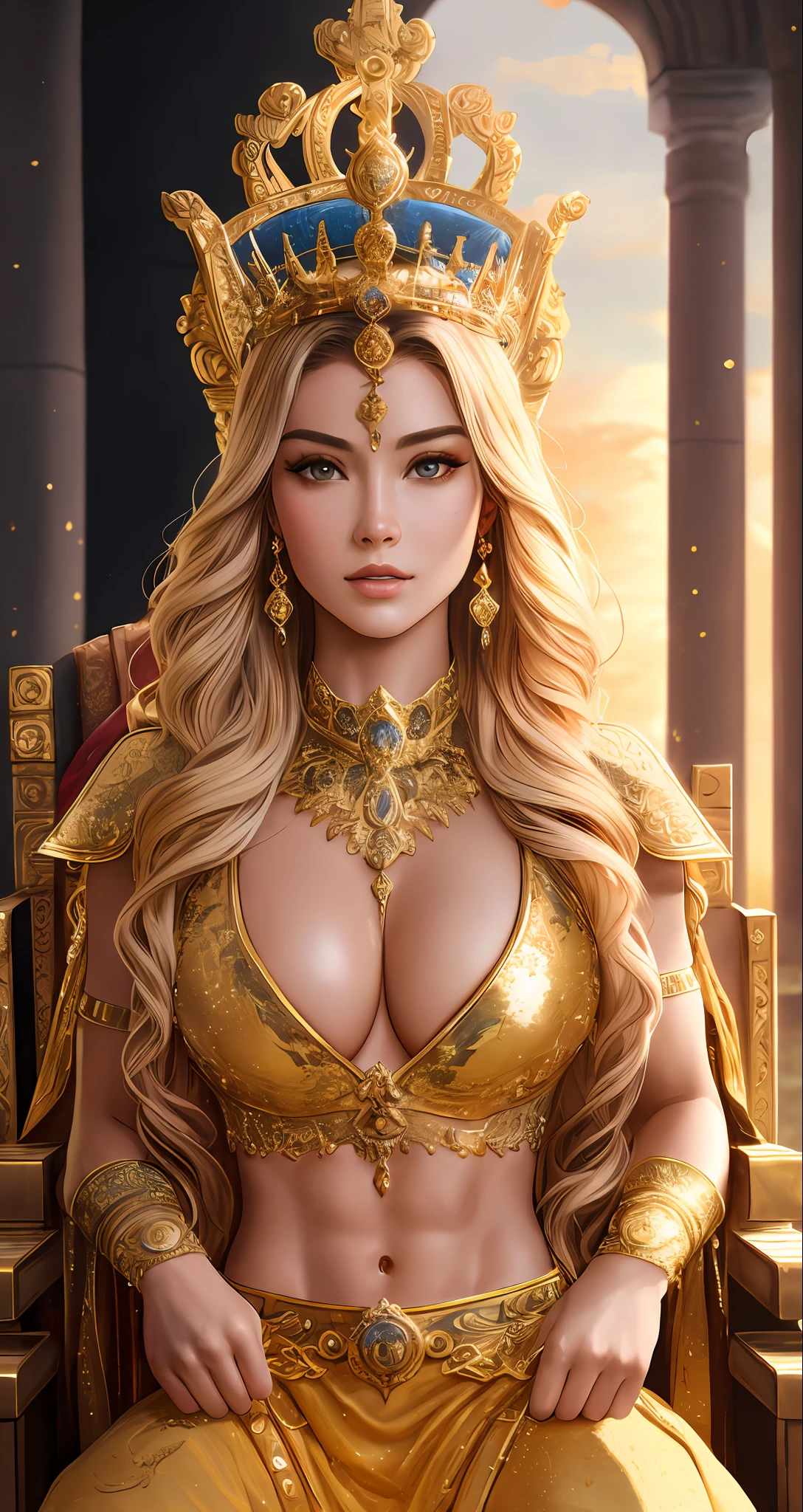 best quality, masterpiece, highres, photo realistic, ultra realistic, sun tyndall effect,photorealistic, dark studio, rim lighting, tone lighting,(high detailed skin:), 8k uhd, dslr, soft lighting, high quality, volumetric lighting, candid, photograph, high resolution, 4k, 8k, bokeh, ultra realistic 8k cg, (epic:, perfect artwork, masterpiece, ancient dynasty, medieval, fantasy), (((detailed background))), 20yo queen muscular fresh model , shredded,(A stunning lGod-like beauty), (striking facial features, detailed hair) dynamic angle, (((throne room))), amazing stunningly beautiful, sitting on throne, wavy shiny hair, golden wet skin shining, full body portrait, glamour, perfect soft curves, perfect body, perfect boobs, full wet lips, perfect extremely detailed abs, ultra realistic, sun
