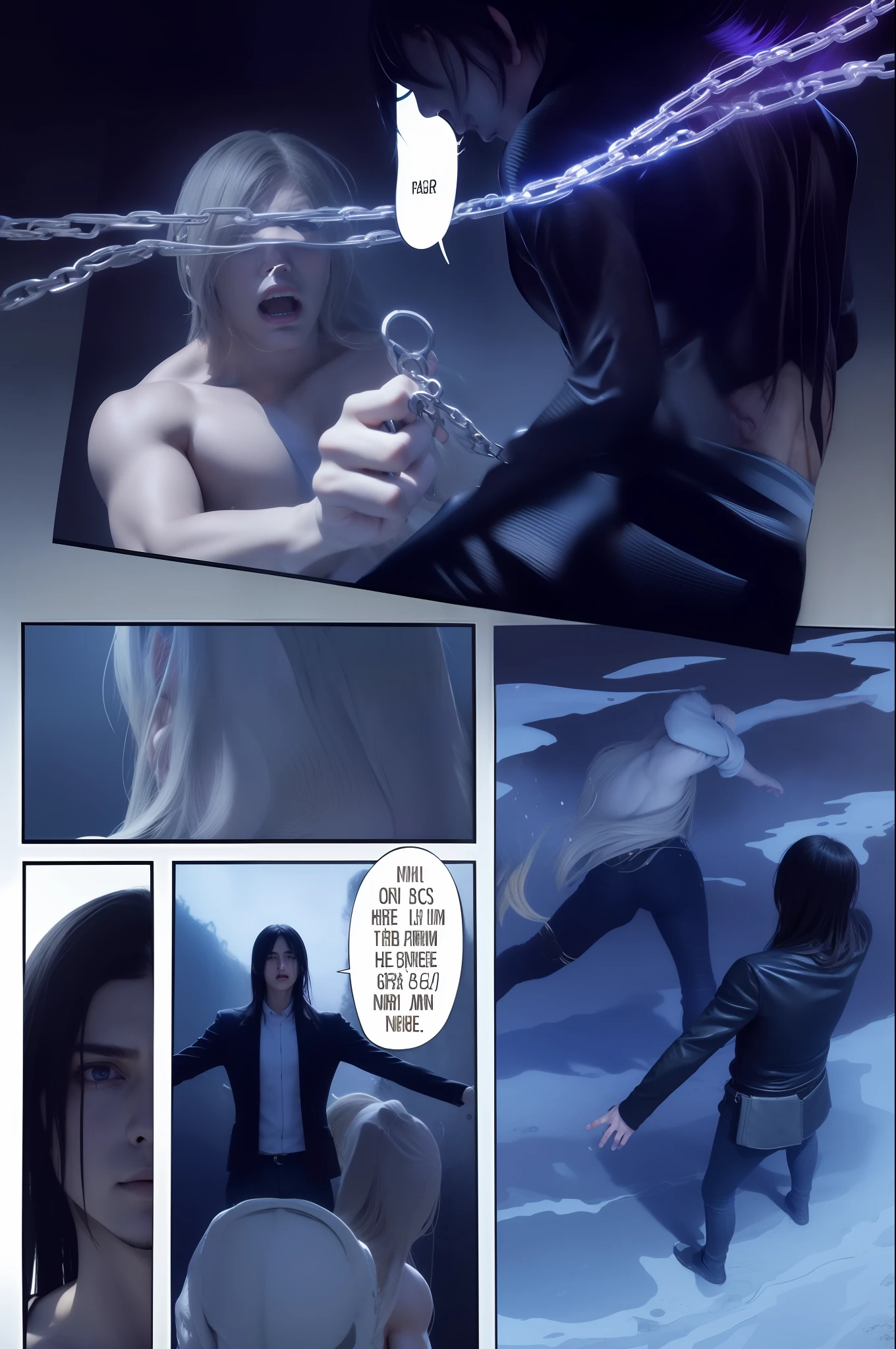 best quality, masterpiece, (realistic: 1.2), 1 man, Eren Jaeger, real life, live action, black jeans, black pants, brown hair, attack on Titan, black long jacket, slim body, high definition, high quality, long hair, blue sand, cold background, chains, blue eyes, paths