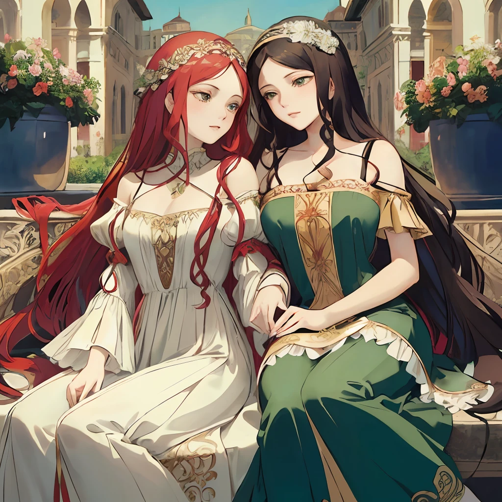 Adopt Sandro Botticelli's Renaissance style to portray a graceful girl with long red hair, serene green eyes, and a radiant complexion. Dress her in an elegant white spaghetti-strap blouse and a black ruffled skirt with intricate folds. Place her in a medieval castle courtyard, surrounded by delicate floral motifs and depicting the artist's attention to graceful poses and intricate details