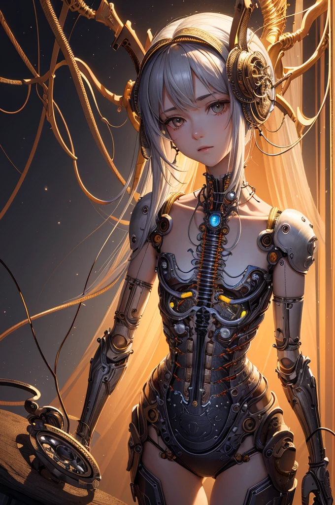(((masterpiece))), (((best quality))), ((ultra-detailed)), (highly detailed CG illustration), ((an extremely delicate and beautiful)),cinematic light,((1mechanical girl)),solo,(cowboy shot:1.2),(machine made joints:1.2),((machanical limbs)),(blood vessels connected to tubes),(mechanical vertebra attaching to back),((mechanical cervial attaching to neck)),expressionless,(wires and cables attaching to neck:1.2),(wires and cables on head:1.2),(character focus),science fiction,extreme detailed,colorful,highest detailed, loongs,fengs,background,
