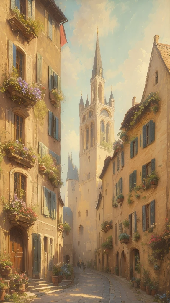 painting of a street with a church in the background, outdoors european cityscape, by Gaetano Sabatini, by Robert Antoine Pinchon, renato muccillo, architectural painting, by Alfredo Volpi, ( thomas kincade ), james gurney painting style, detailed painting 4 k, beautiful cityscape, thomas kincade, european buildings, by Frank Buchser