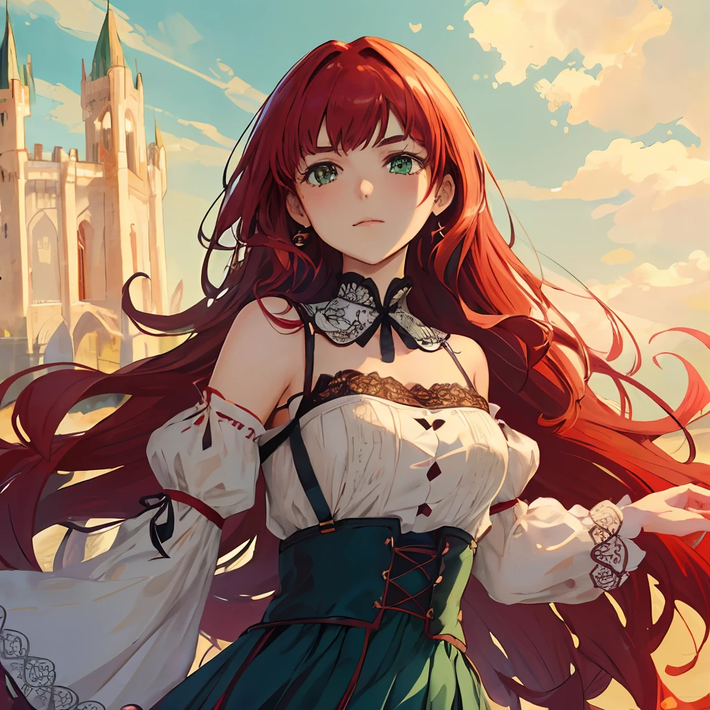 Emulate Greg Rutkowski's fantastical art style to create a whimsical illustration of a cute girl with flowing red hair, captivating green eyes, and a fair complexion. Dress her in a charming white spaghetti-strap blouse and a black ruffled skirt adorned with intricate lace patterns. Set her against the backdrop of a mystical medieval castle, merging elements of nature and magic, and highlighting the artist's intricate detailing and dreamlike color palette.