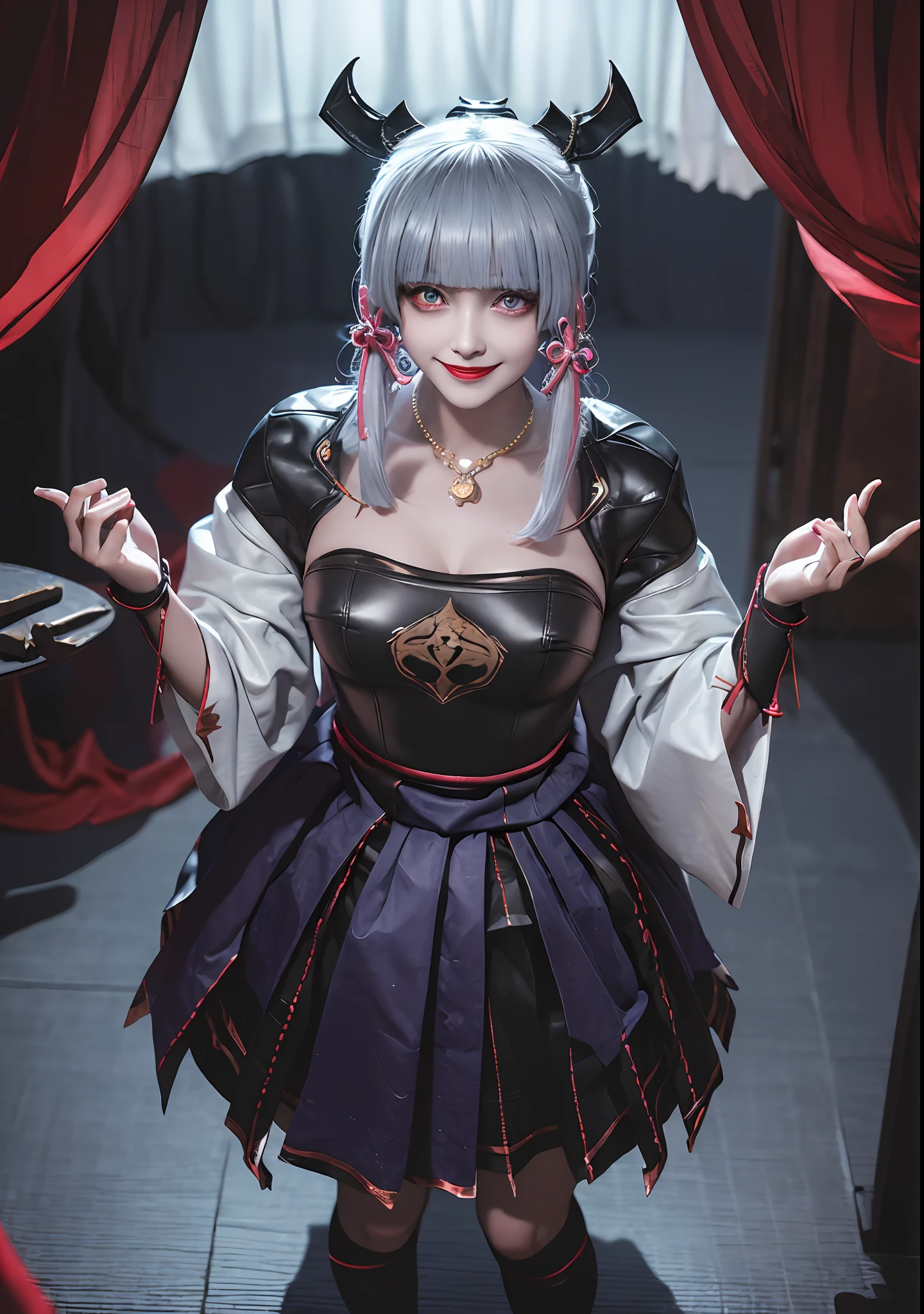 (Masterpiece, Best Quality), A colleague was brainwashed by the dark energy and became a demon, Dark energy, evil eyes, evil smile, dark girl, corruption girl, dark woman, evil energy, villain, villainess, full_body, whole body, (evil grin, coquettish grin,),