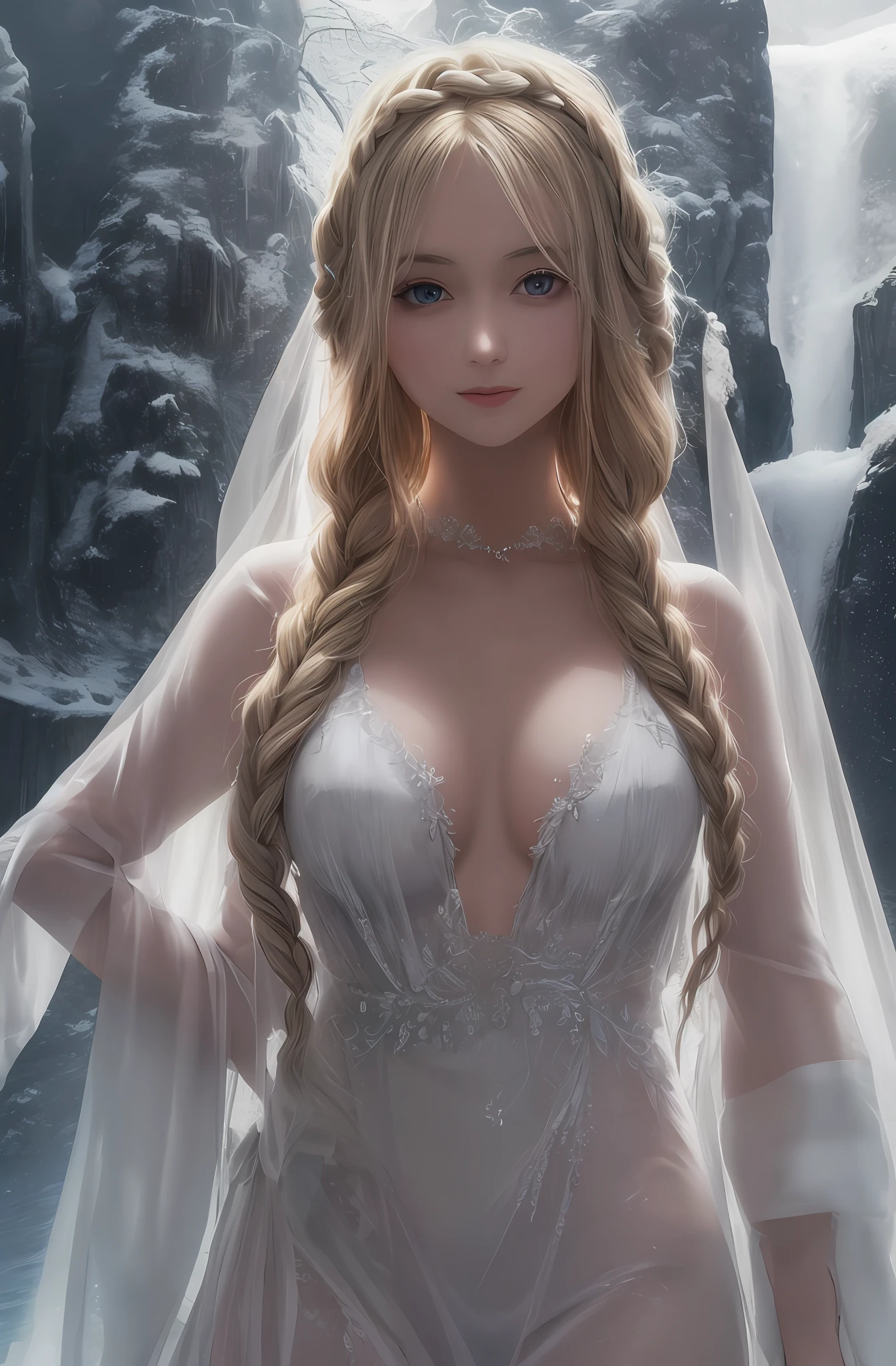 best quality, masterpiece, upper body,
adult woman, (light smile:0.6), 
braided blonde hair,
aquamarine eyes,
see-through open gown,
snowy,