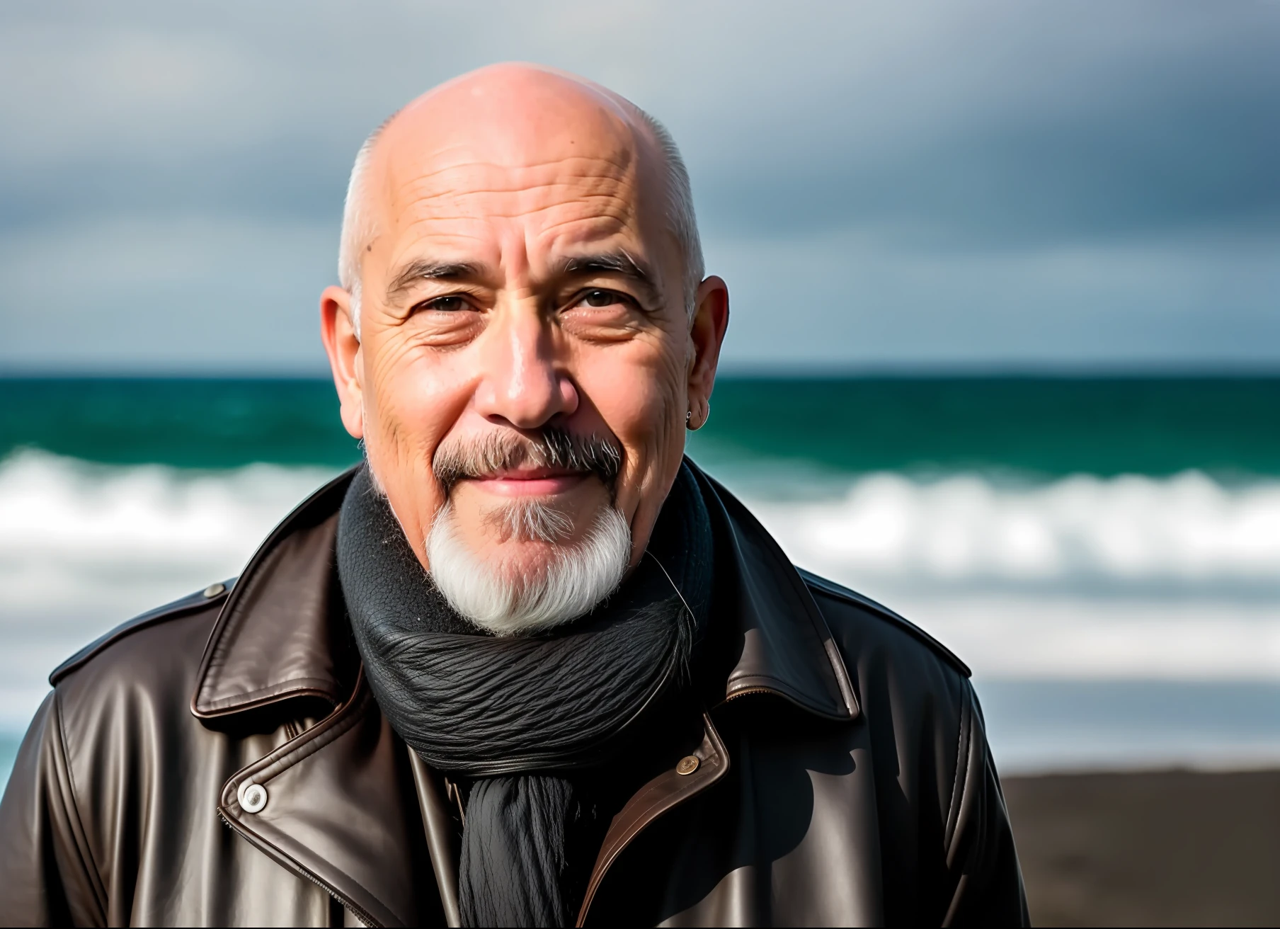 photo of a 69 year old man with leather coat, bald, face, half body, body, ppuca beard, highly detailed skin, skin pores, coastline, cloudy weather, wind, waves, 8k uhd, Dslr, soft lighting, high quality, film grain, Fujifilm XT3