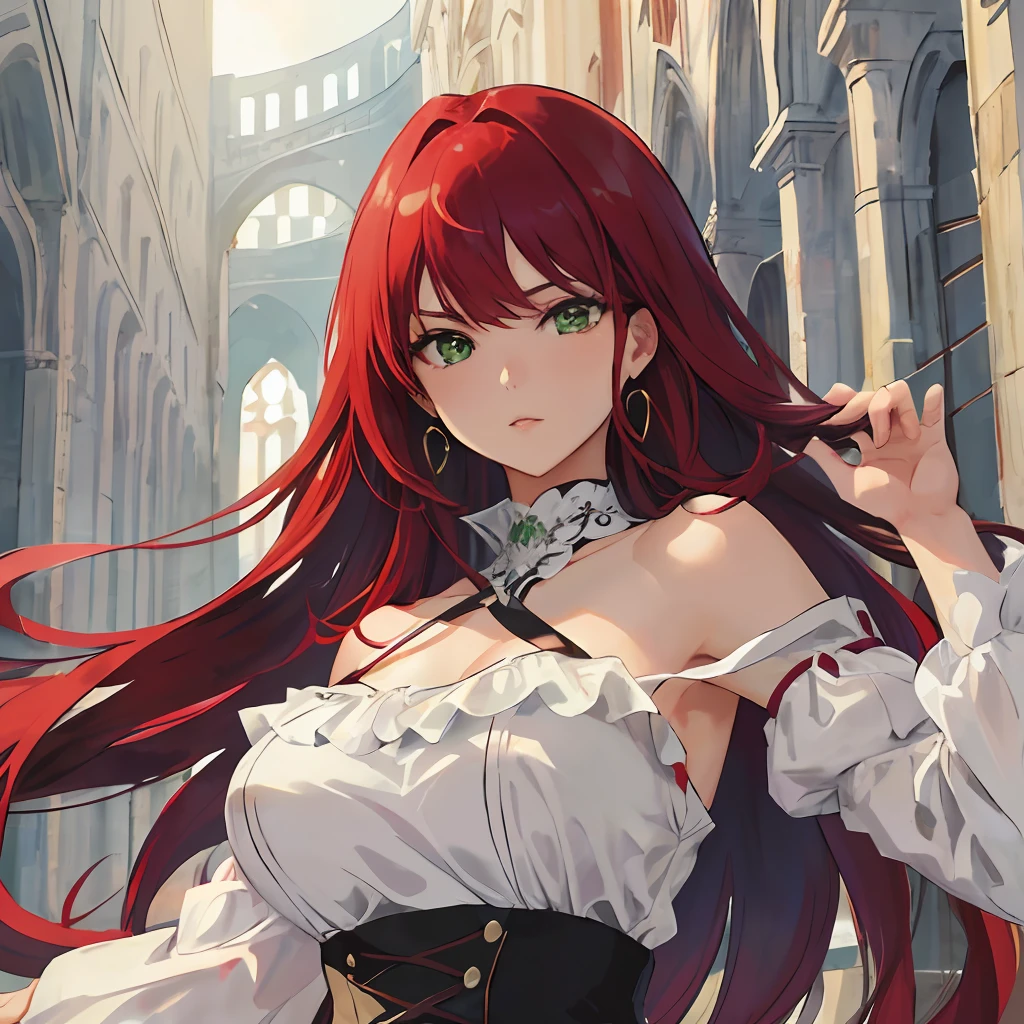 Channel Artgerm Lau's polished and dynamic style to create a stunning portrayal of a girl with long red hair, alluring green eyes, and smooth white skin. Dress her in a sleek white spaghetti-strap blouse and a black ruffled skirt with intricate folds and details. Place her within the grand halls of a medieval castle, utilizing the artist's expertise in capturing beauty and creating visually impactful compositions.