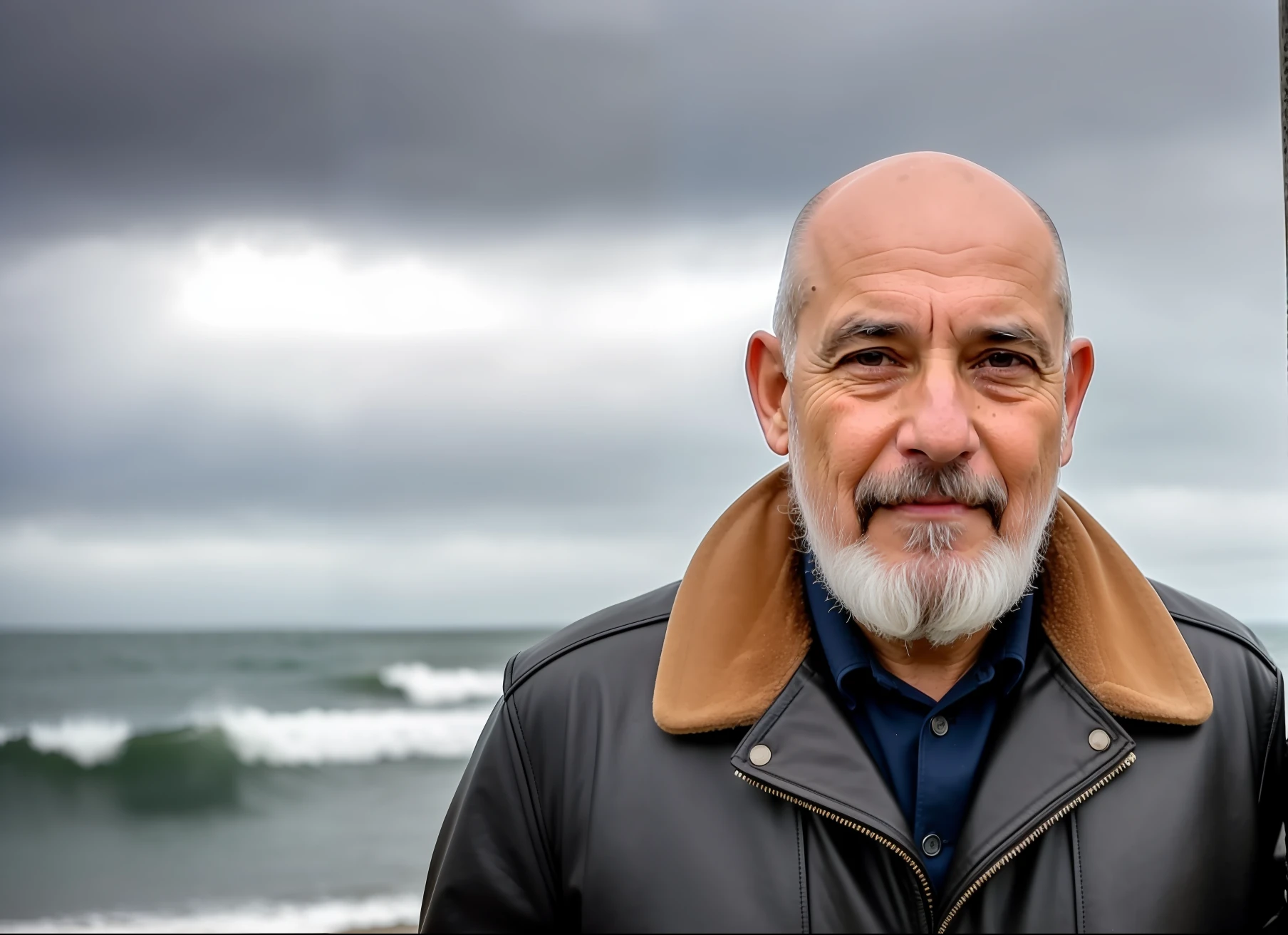 photo of a 69 year old man with leather coat, bald, face, half body, body, ppuca beard, highly detailed skin, skin pores, coastline, cloudy weather, wind, waves, 8k uhd, Dslr, soft lighting, high quality, film grain, Fujifilm XT3