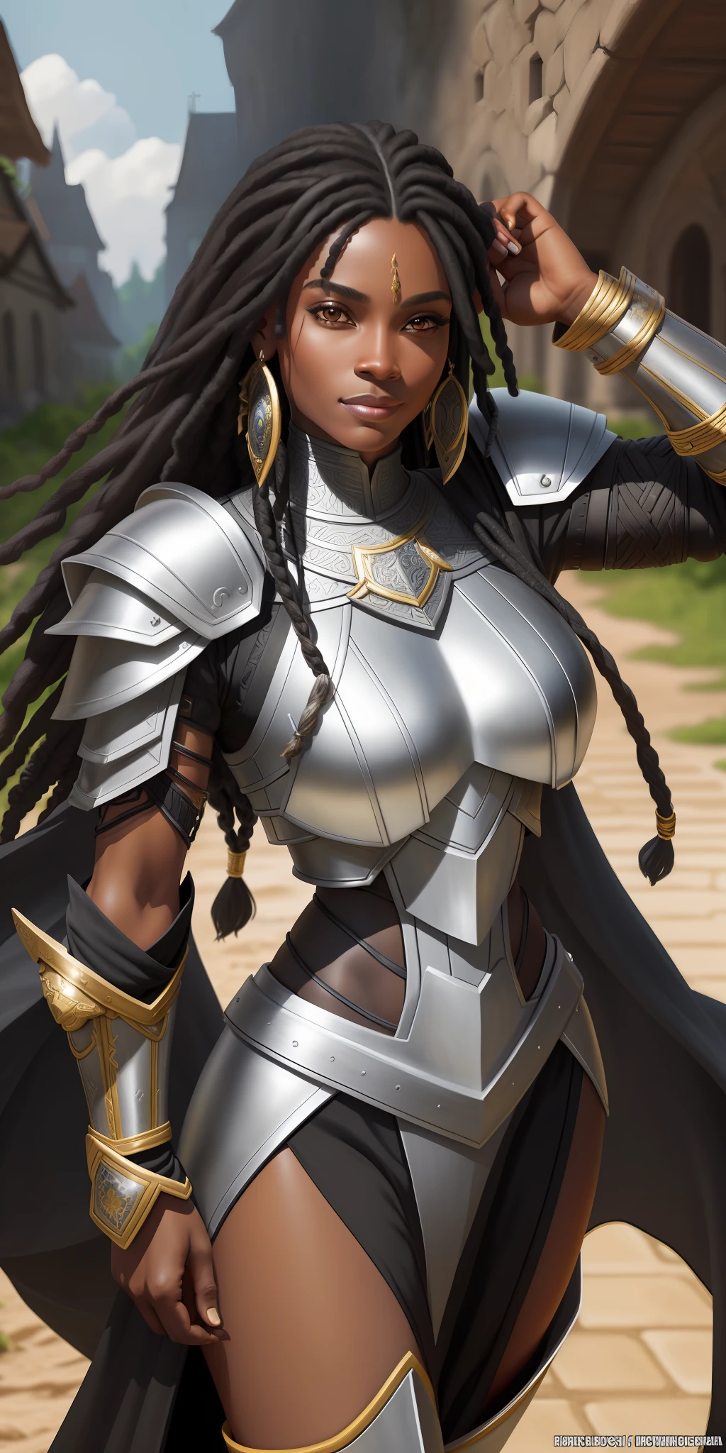 modelshoot style, (extremely detailed), a professional full body photo, of a (beautiful mature black African female warrior with beautiful black dreadlocks hair, female warrior, silver armor), intricate , High detail, dramatic, HDR, UHD, subsurface scattering, (depth of field: 0.3), (full body photo: 1.3) , full-length portrait, fantasy setting, village background, Renaissance style, black hair, black female, suggestive smile