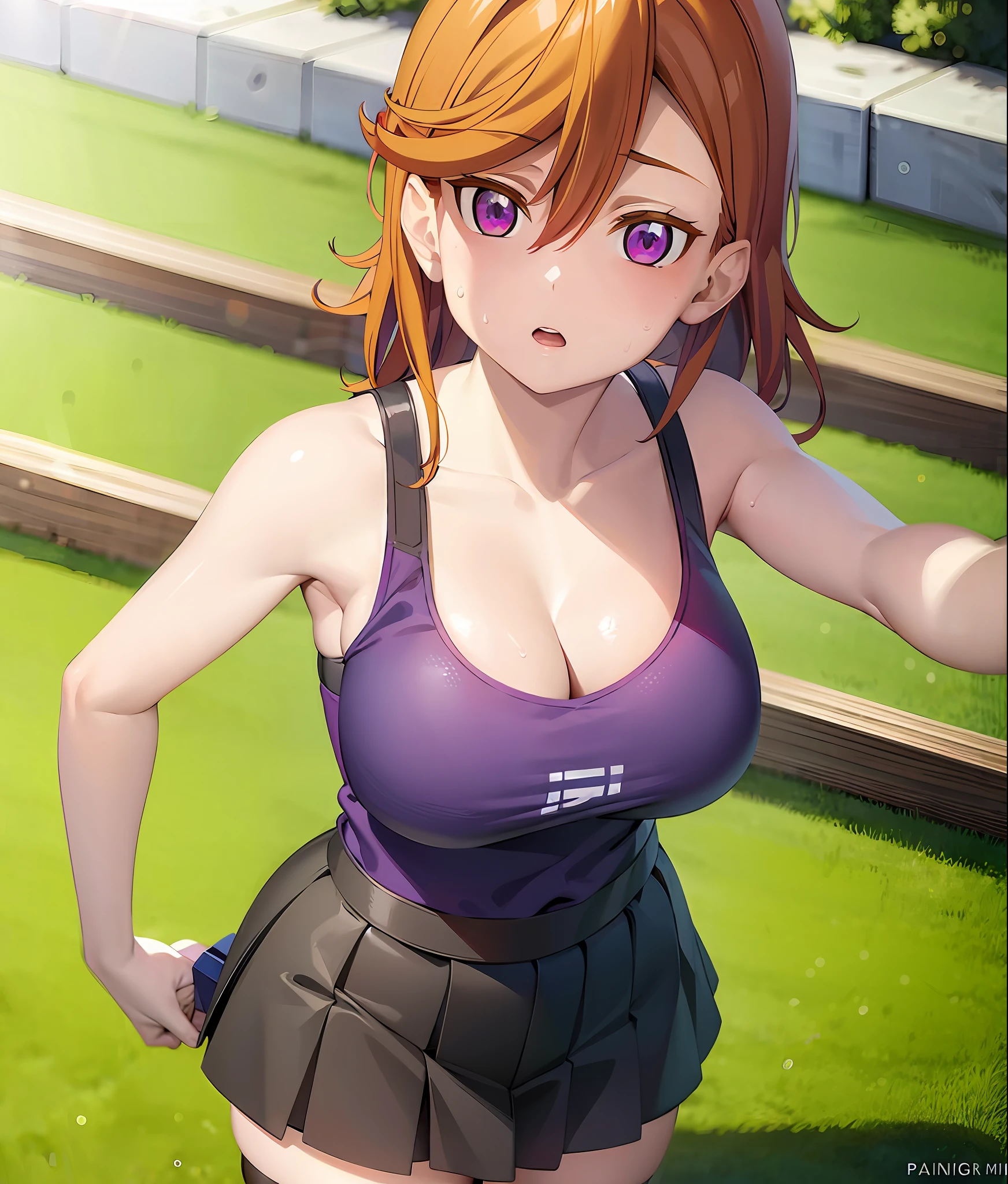2d, masterpiece, best quality, anime, highly detailed eyes, highly detailed face, highly detailed background, perfect lighting, 1girl, shibuya kanon, purple eyes, orange hair, short hair, high ponytail:1.4, sports bra, big breast, cleavage, short skirt, parted lips, blush, shy, sweat, outdoor, depth of field, standing, pov, twilight, sunset, sunrays, perfect lighting:1.4