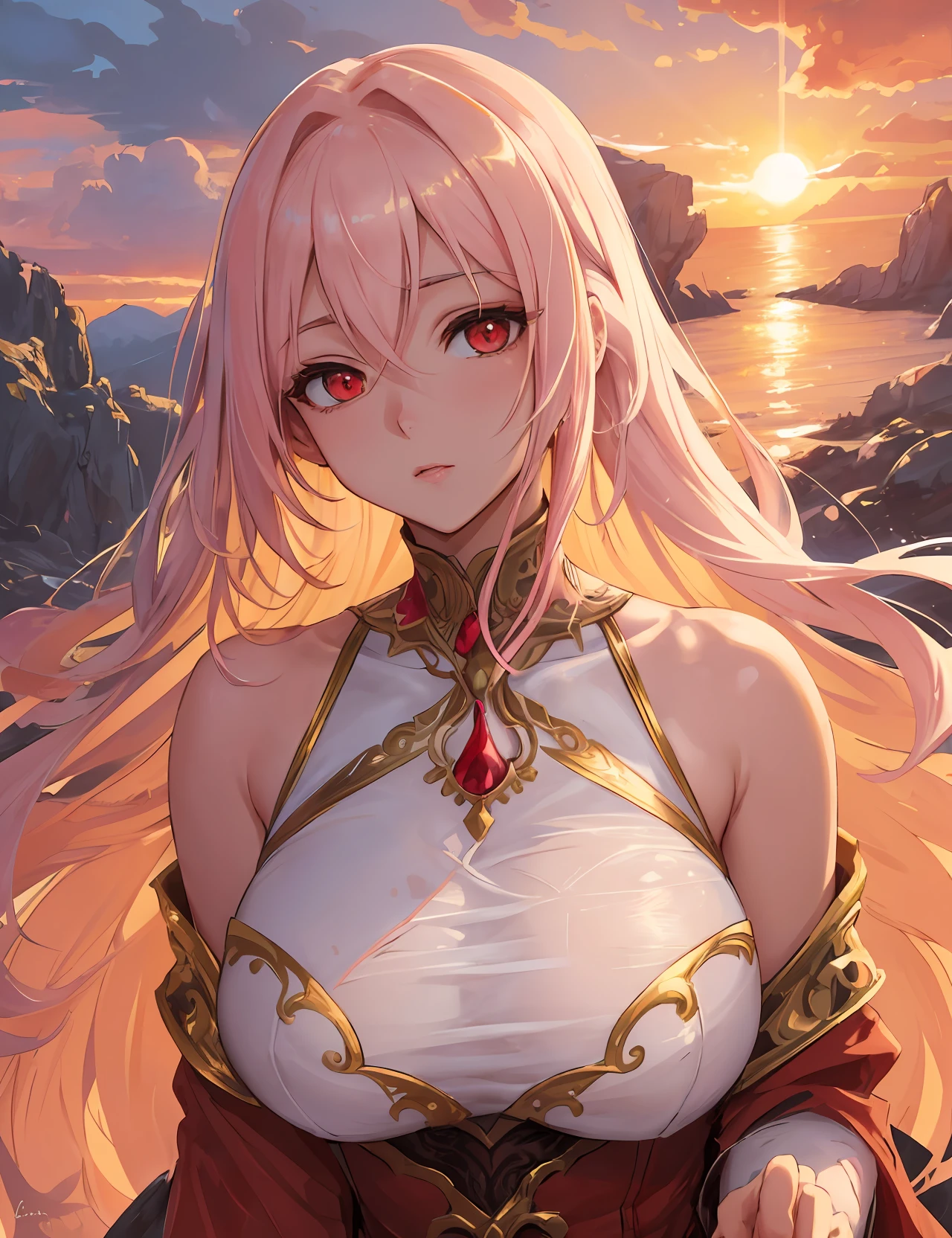 In the signature style of Artgerm, create a stunning illustration of a pretty girl with long flowing white hair, captivating light red eyes, and fair skin. Set her against a breathtaking landscape with a vibrant sunset sky, casting warm hues of gold and pink. Pay attention to the intricate details of her hair, using textured brushwork to bring it to life. Illuminate her features with soft, ethereal lighting, highlighting the delicate contours of her face and creating a sense of serenity and beauty.