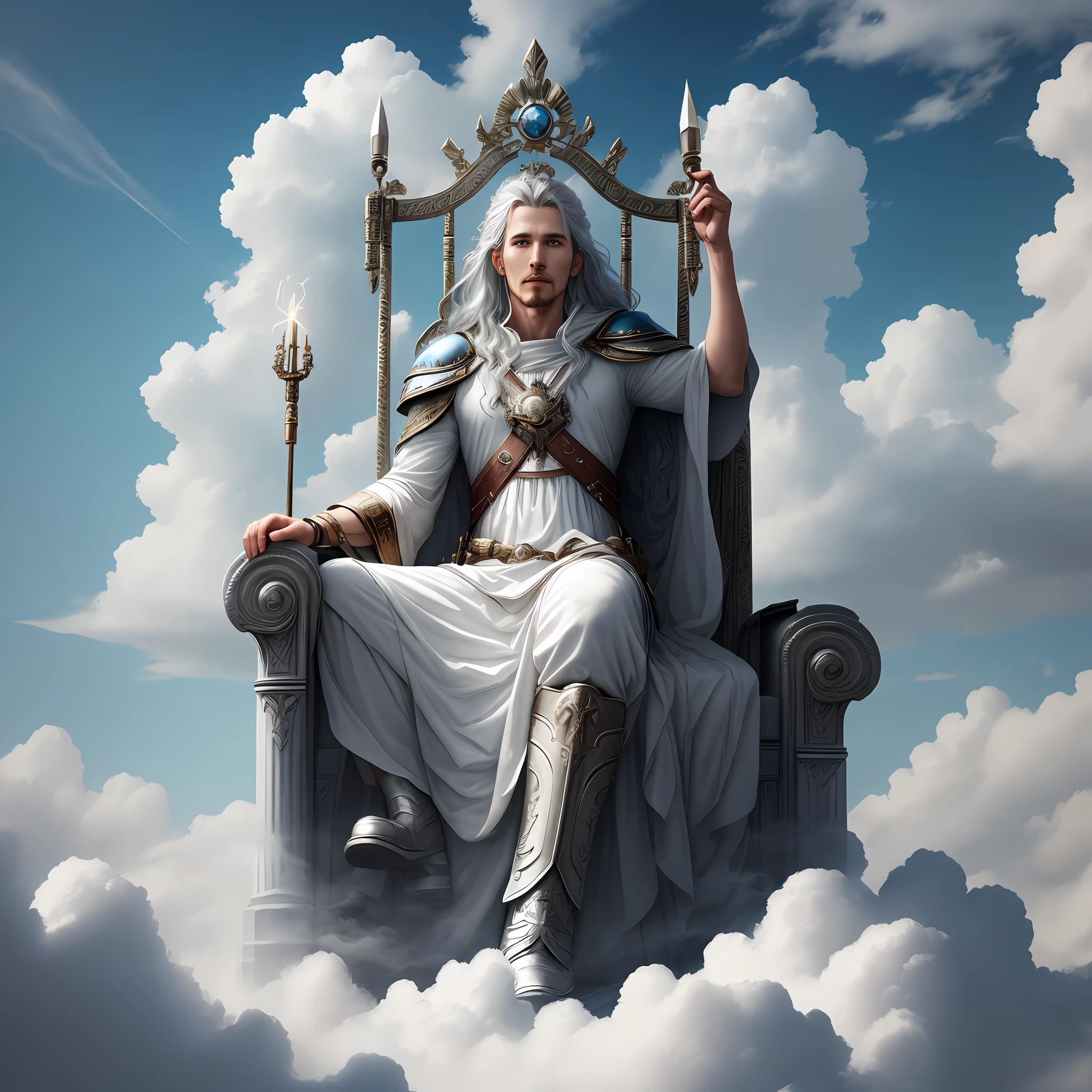 aeus sitting on a throne made of clouds with the bolt in hand in hand left and forefinger pointed forward with right hand