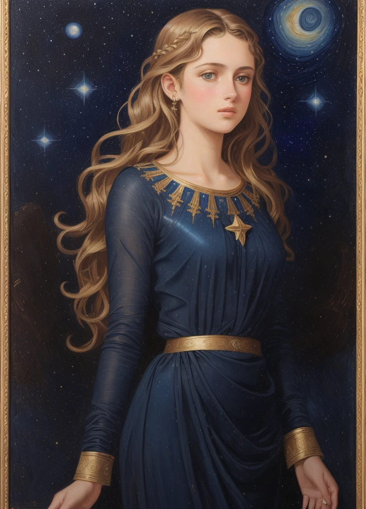 1girl, beautiful teenage girl, beautiful 15 year old, short wavy brown hair, thin jaw, transparent cosmic navy blue cloth covering body, golden decorations, portrait, oil painting, realistic proportions, intricate, intricate details, sharp focus, beautiful female body, classical painting, outside, greek temple, starry night sky