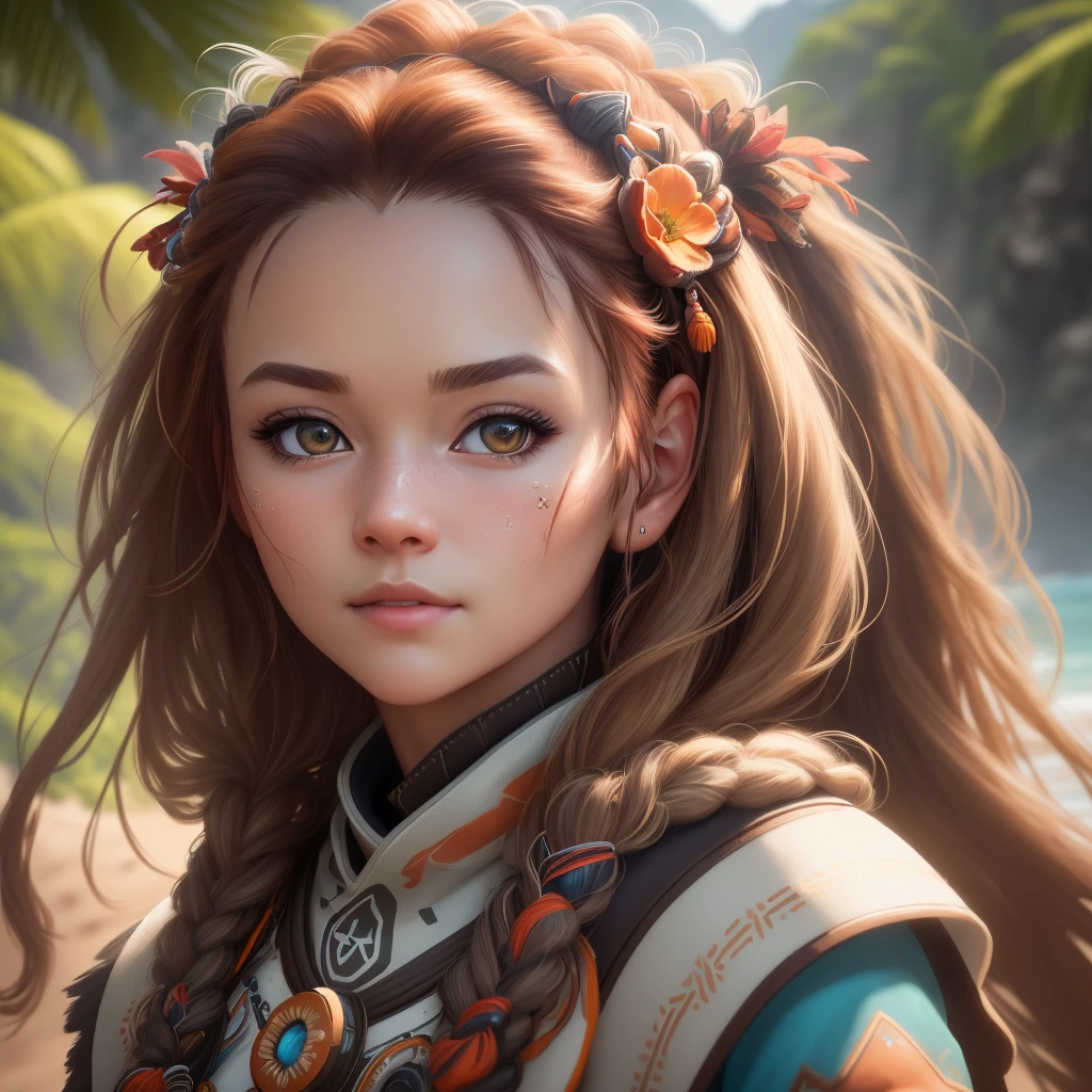 ultra realistic photography, perfectly centered medium upper shot of Aloy from horizon zero dawn, creatures from horizon zero dawn jungle cliffs in the background, looking at viewer, fashion pose, extremely detailed eyes, detailed symmetric realistic face, extremely detailed natural texture, detailed peach fuzz, messy hair, masterpiece, absurdres, award winning photo by lee jeffries, nikon d850 film stock photograph, kodak portra 400 camera f1.6 lens, depth of field, extremely detailed, amazing, fine detail, rich colors, hyper realistic lifelike texture, dramatic lighting, unrealengine, trending on artstation, cinestill 800 tungsten, photo realistic, RAW photo, TanvirTamim, high quality, highres, sharp focus, extremely detailed, cinematic lighting, 8k uhd, high definition, cinematic, neoprene, behance contest winner, featured on unsplash, cgsociety, unreal engine 5, ultra sharp focus