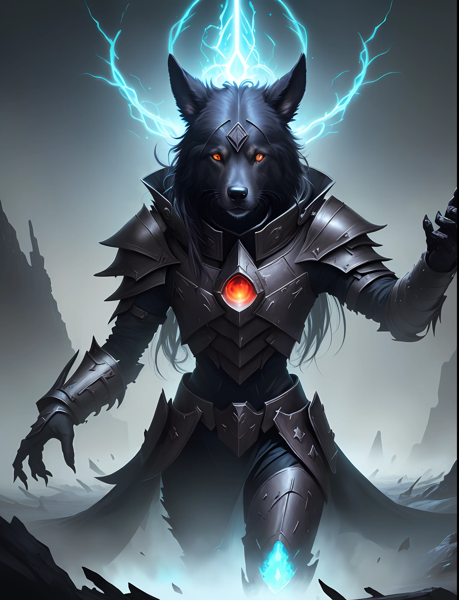 a close up of a dog with glowing eyes standing in a field, hellhounds, magic the gathering card art, full art, full art illustration, by Jason Benjamin, summoning undead friends, magic the gathering art style, magic the gathering concept art, collectible card art, symmetrical epic fantasy art, symmetric concept art, an ominous fantasy illustration