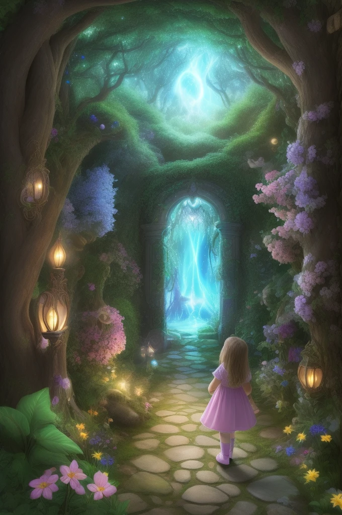 The Discovery of the Enchanted Portal In the magical garden, Luna, a curious and fearless girl, found a secret door. Upon opening it, she discovered a bright and colorful path, full of magical flowers that invited everyone to explore. There, she met Forest, the wise and caring tree, who became her mentor and guide on this incredible journey.