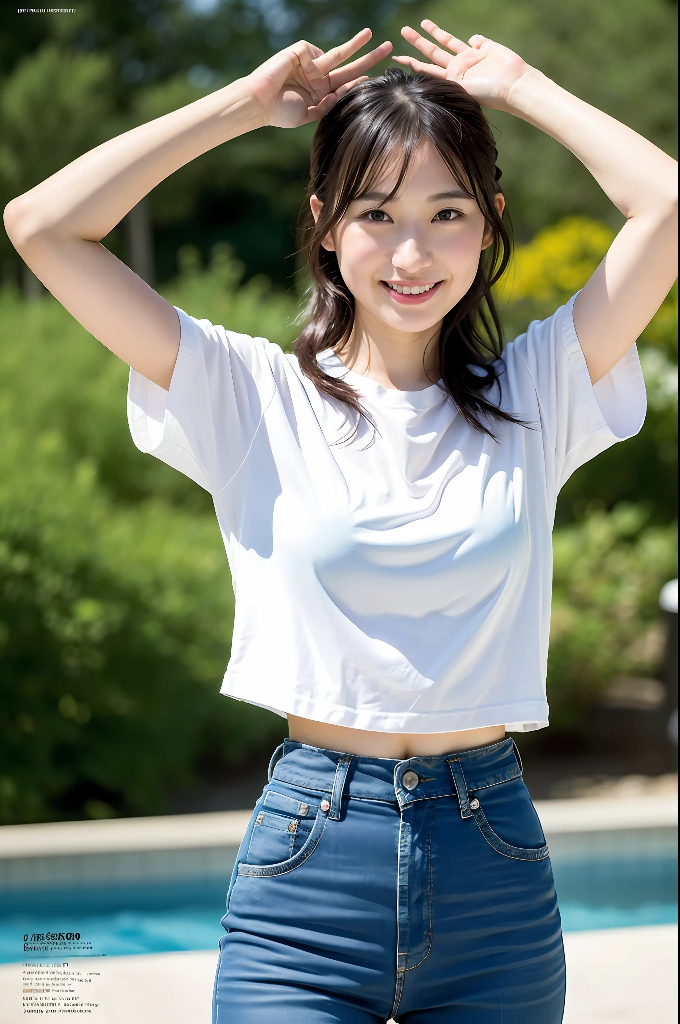 ( (8k: 1.27), dynamic, best quality, masterpiece, super high definition: 1.2) Pictures of cute Japan women, wet t-shirt, hands raised, standing on one leg, shirt sticking to the body, see-through, holding a hose with water out, realistic depiction of wet skin for the viewer, bursting smile, deep shades of the sun, best portrait, official photo book, Inoue Shigeru, Professional camera work